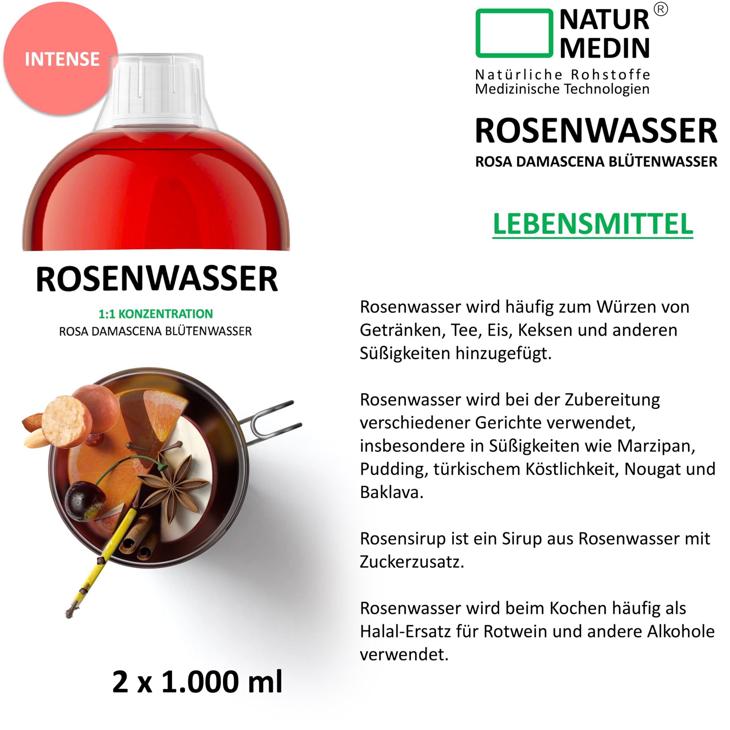 2.000 ml LEBENSMITTEL ROSENWASSER – Typ : Classic – (2x1.000ml) NATURMEDIN®