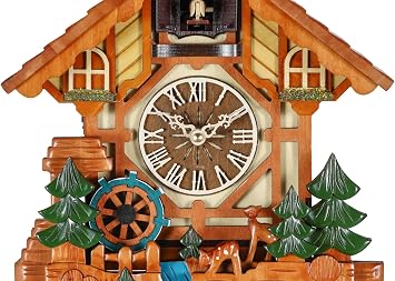 Kintrot Cuckoo Clock for Wall, Handcrafted Wooden Tratditonal Black Forest Chalet Clock with Cute Singing Bird, Rotatable Waterwheel,Squirrel,Deers and 12 Melodies