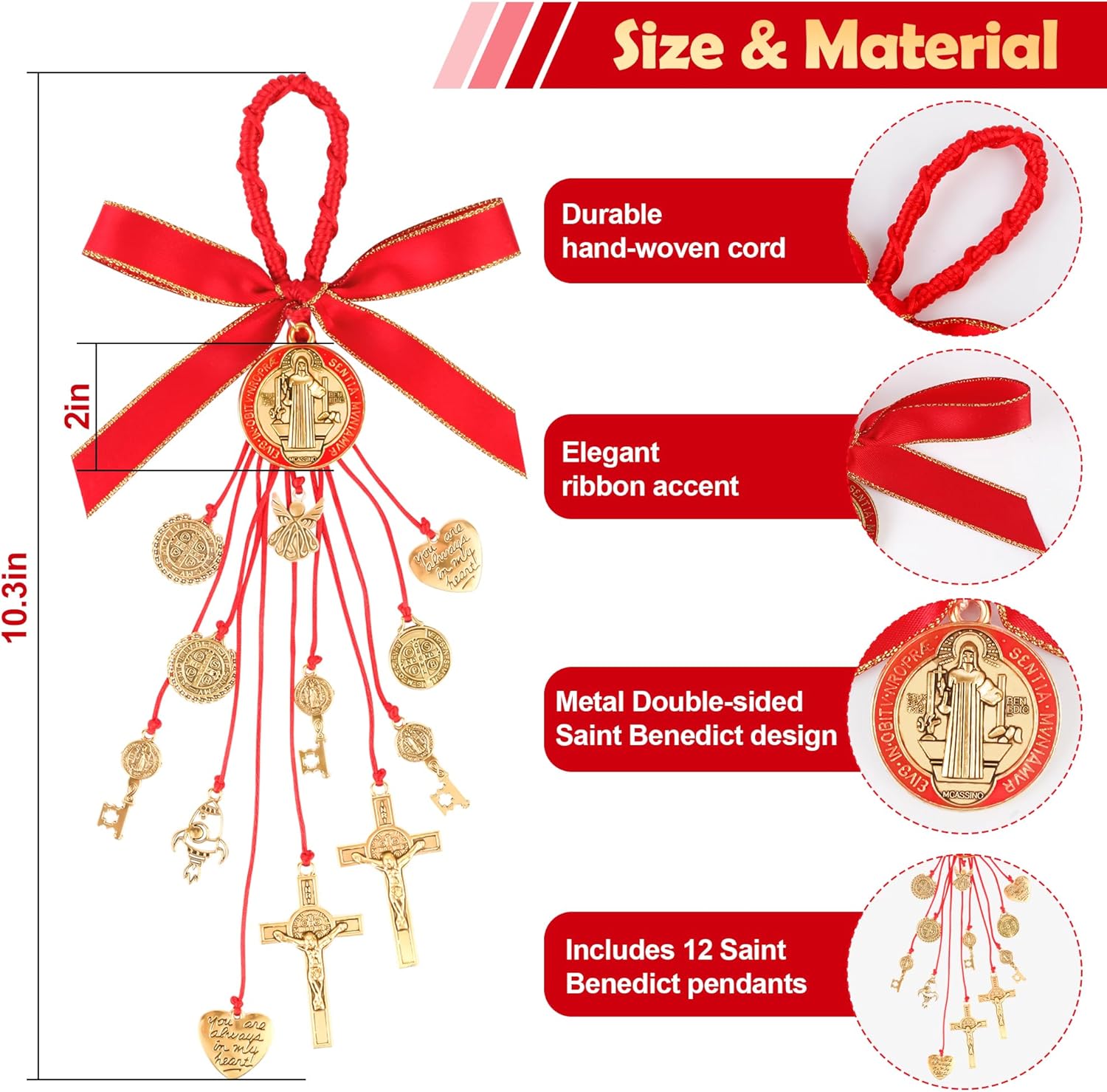 2 Pack Saint Benedict Medal Protection Blessing Charm, St Benedict Crucifix, Protection Catholic Charm Amulet with Crucifix for Men Women, Car Rear View Mirror, Home Decor & Religious Gifts - Image 2