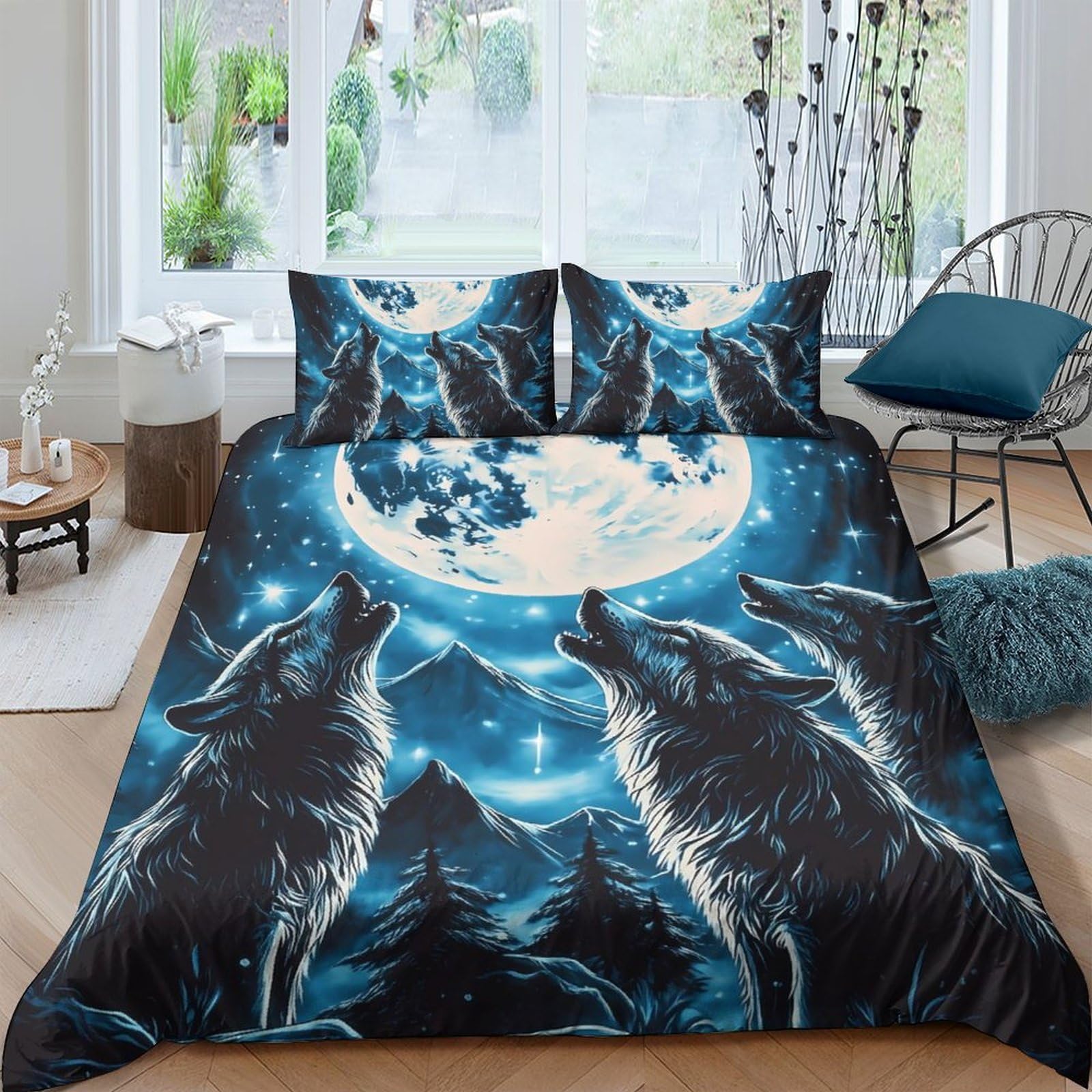 GPLZQXKJNH 3D Printed Wolf Moon Duvet Cover Set Microfiber Soft Breathable Forest Night Bedding with 2 Pillowcases for Bedroom Single（135x200cm）