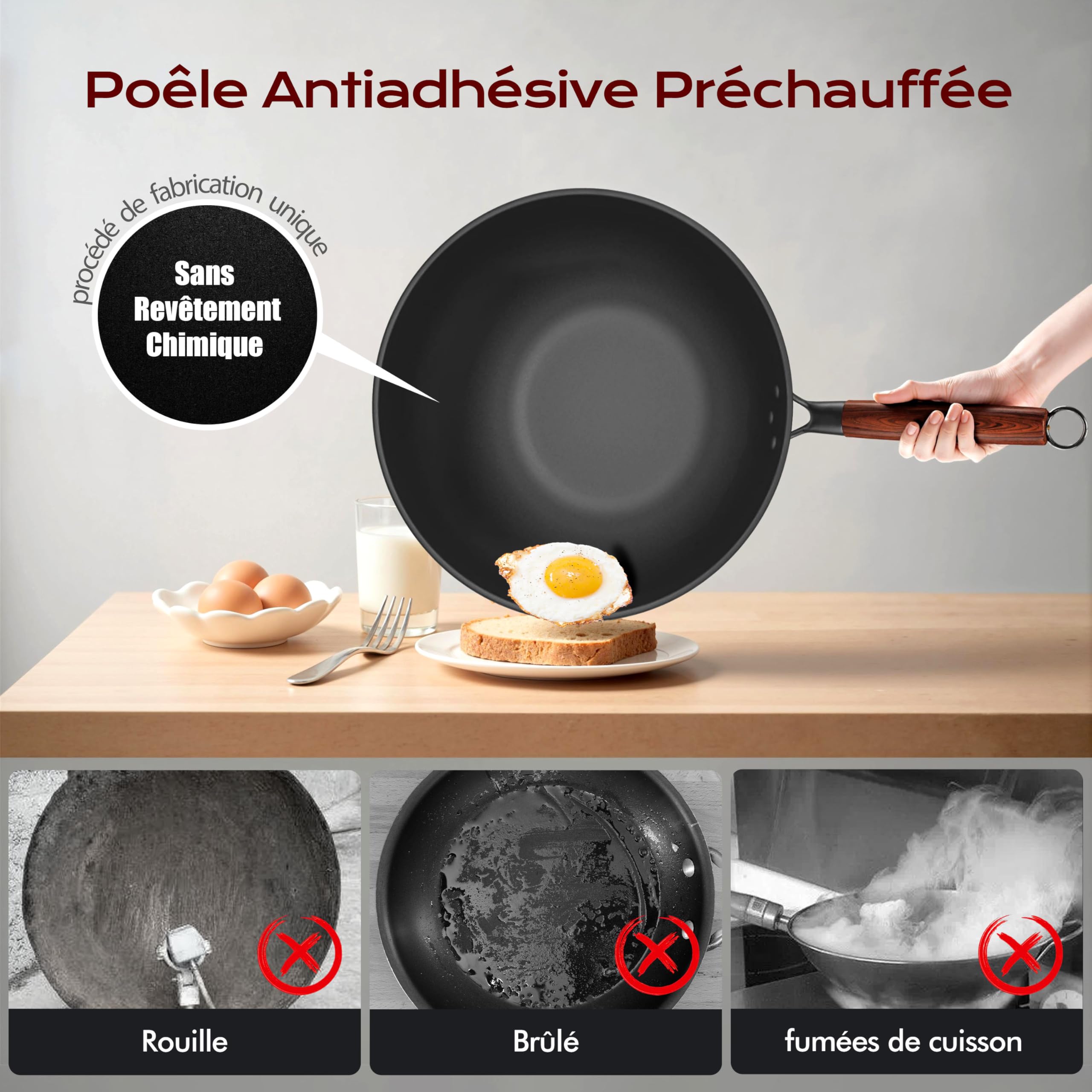 33cm Wok avec Couvercle et Spatule en Silicone, Convient pour la Préparation de Plats pour 3-6 Personnes, Wok Induction avec les Plaques de Cuisson à Induction, électriques et à Gaz