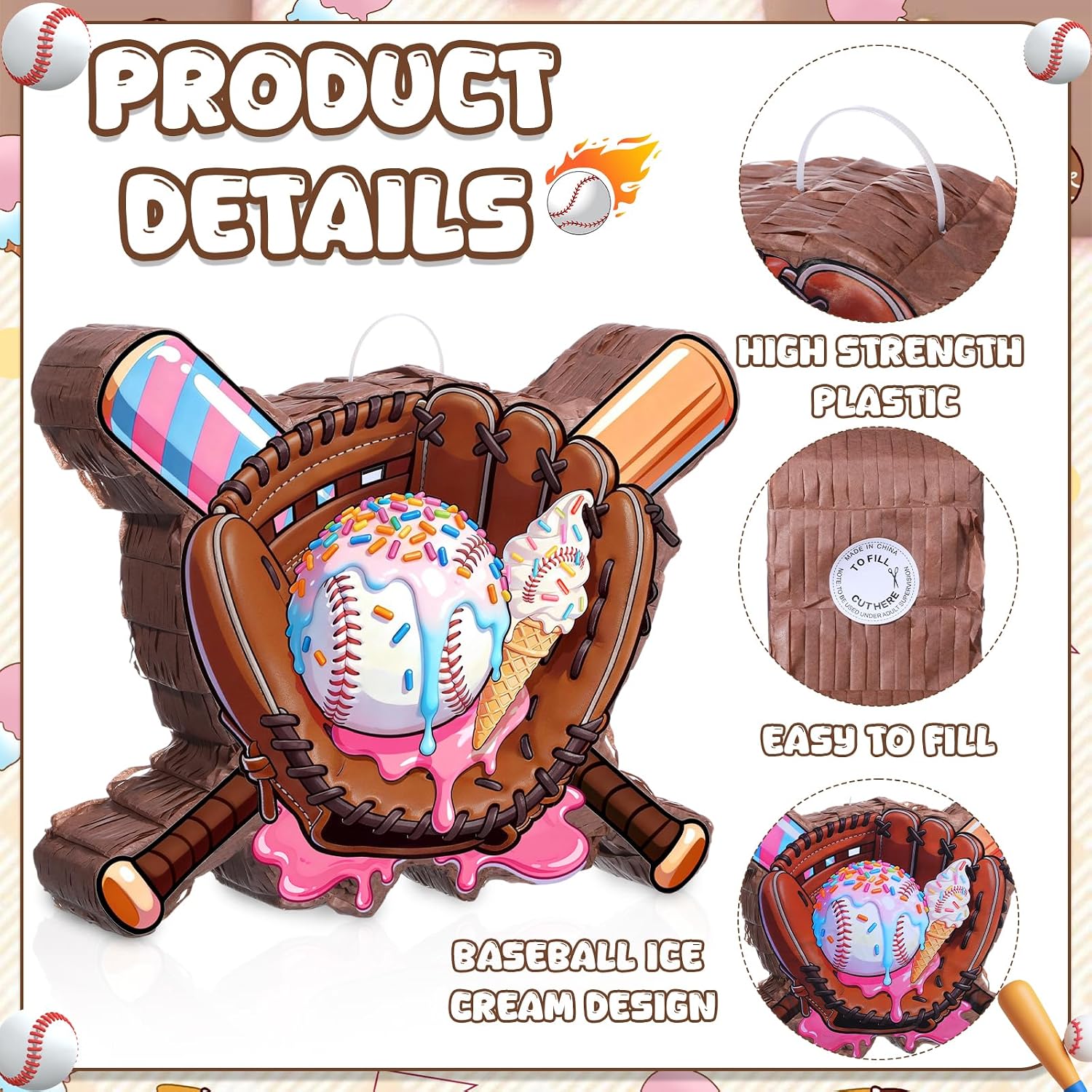 Jexine Ice Cream Drip Baseball Piñata Set Ice Cream Sport Party Supplies Fiesta Piñata Bundle with Blindfold Bat Stick for Summer Sport Baseball Drip Birthday Party Event Supplies Decor