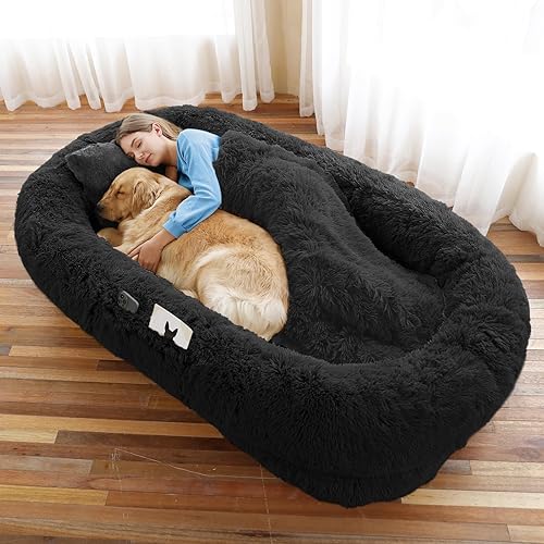 Human Dog Bed, 71''x45''x12'' Size Fits You and Pets, Washable Faux Fur Pet Bed for People Doze Off, Napping Orthopedic Dog Bed, Present Plump Pillow, Blanket, Strap - Black - 71.0"L x 45.0"W x 12.0"Th - Black