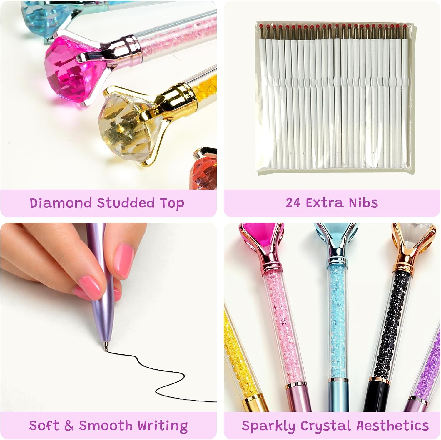 KatchOn, Multicolor Diamond Pens - Pack of 24 | Diamond Pen Bulk with Crystal Top and 24 Extra Refilles | Cute pen, Fancy Pens for Women, Birthday, School, Office Supplies | Back to School Supplies