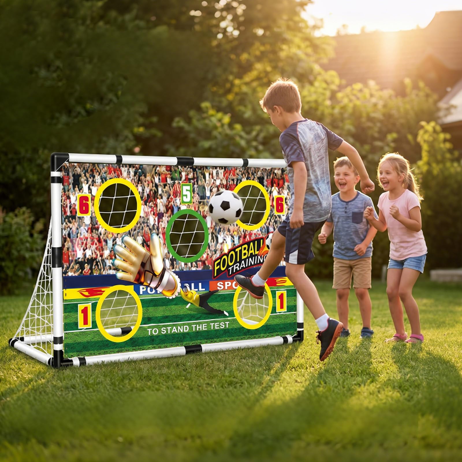Porta da calcio 2 in 1 per bambini, 120 x 78 x 64 cm, porta da calcio per giardino, portatile, con 5 aree di bersaglio, stabile porta da calcio per giardino, parco, spiaggia, include 4 picchetti di