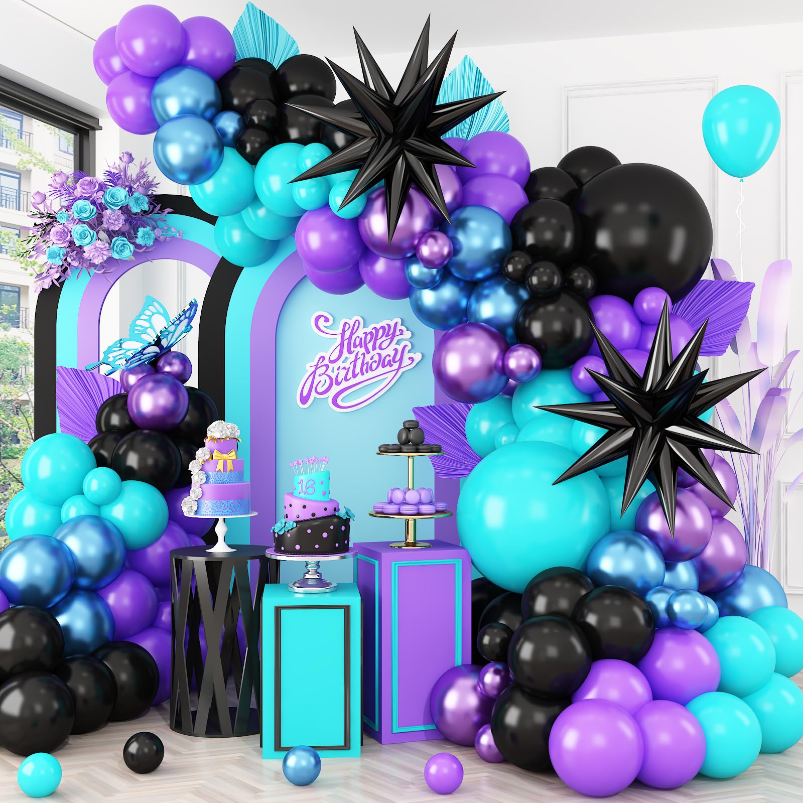 Black Purple Blue Balloon Arch Kit,Teal Balloon Garland with Star Foil Balloons for Kids Video Game Baby Shower Engagement Party Decorations