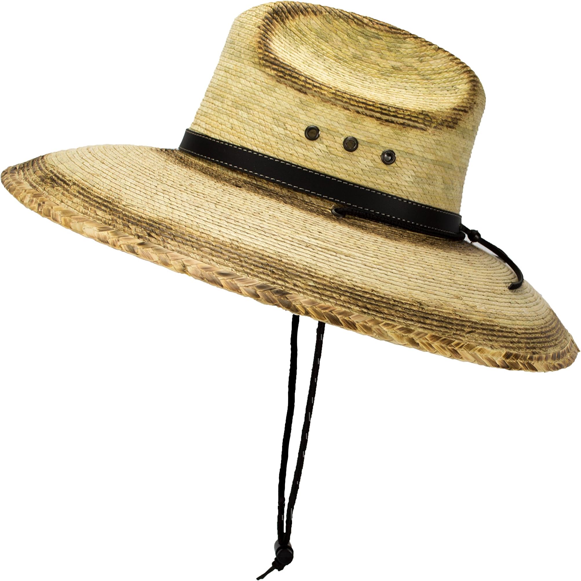 Natural Palm Leaf Straw Super Wide Brim Lifeguard Hat with Chin Strap, Flex Fit (Burnt Stain), Large