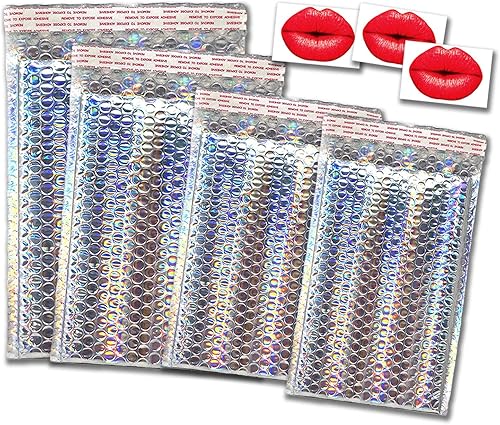 Holographic Bubble Mailers - Sobres de envío holográficos tipo glamour de metal con adhesivos de beso de 6x10, 8.5 x 12, 5x9, 7x11 Paquete de 10