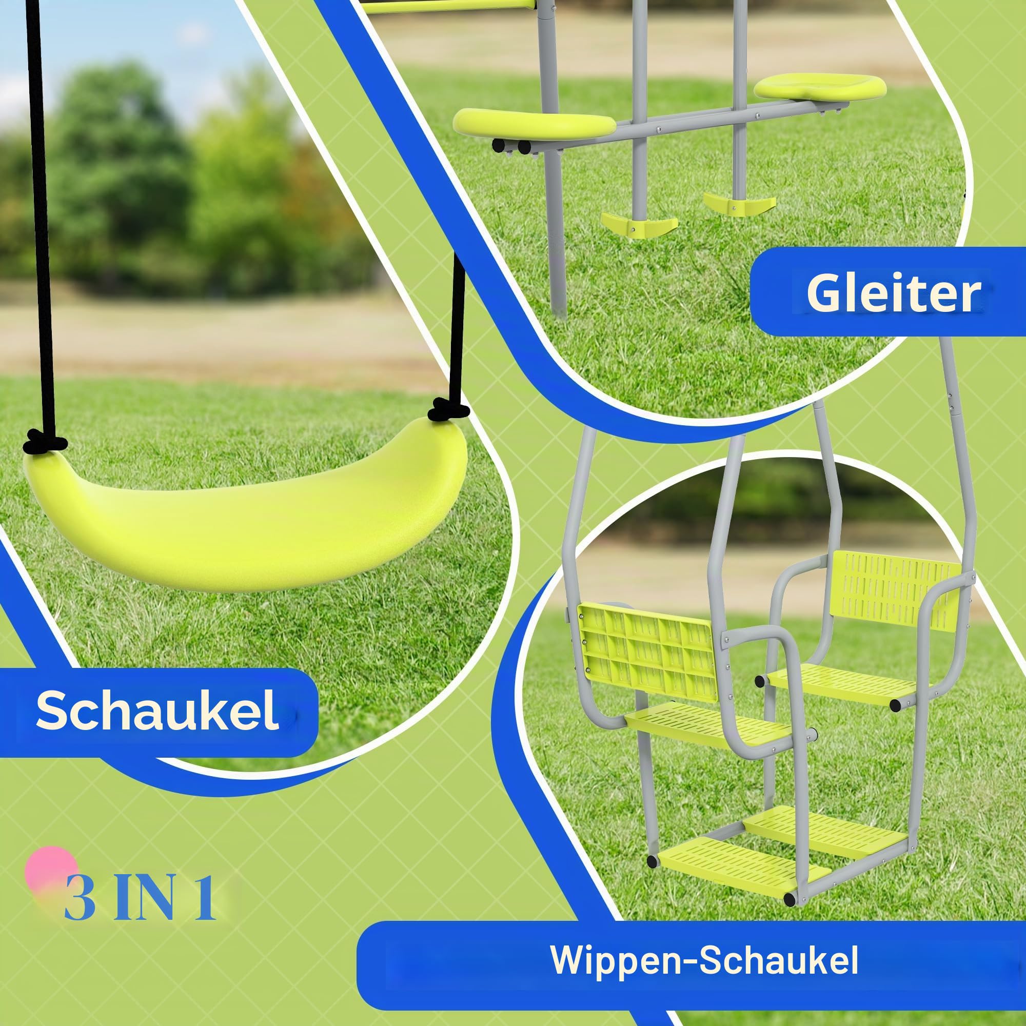 Outsunny Schaukel für Kinder, 3-in-1, mit 1 Gesichtsschaukel, Grün | 3 Agrès, Gartenschaukel, Struktur aus Metall, max. Belastung 225 kg, Spielplatz für den Außenbereich