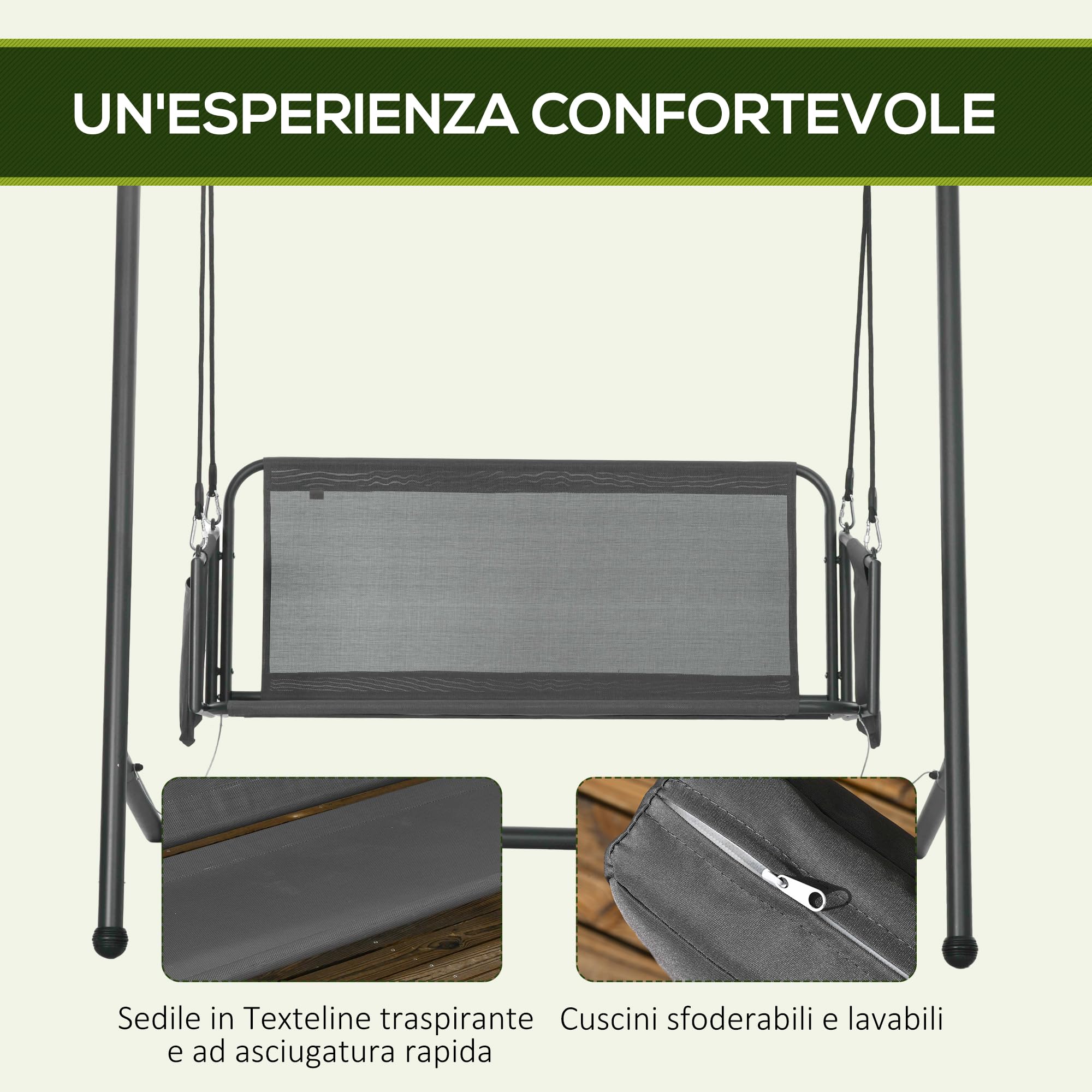 Outsunny Dondolo da Giardino 2 Posti con Cuscini e Tasche Portaoggetti, Dondolo da Esterno in Acciaio e Textilene, 168x117x181 cm, Grigio Scuro
