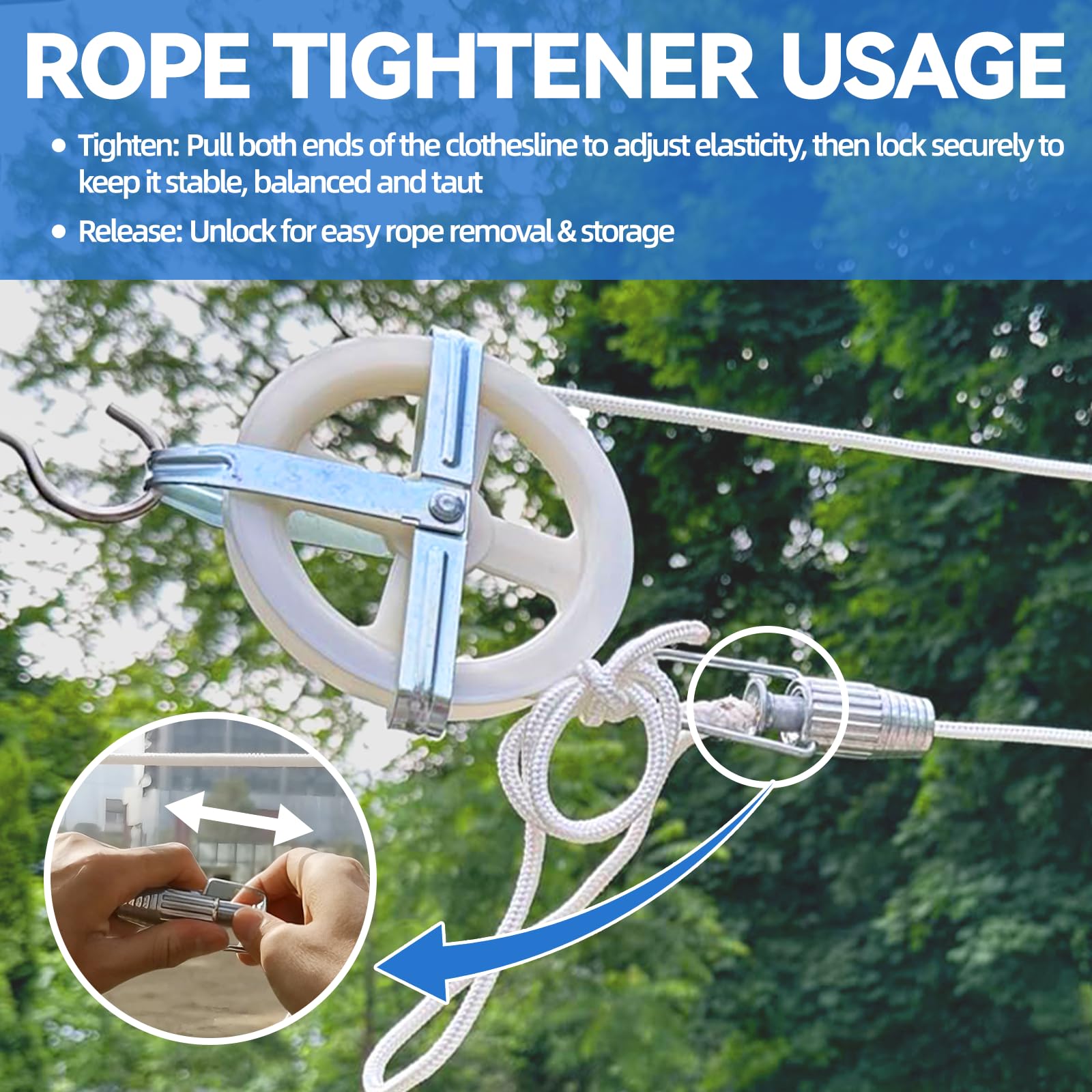Wäscheleine Seilzug Kit, 50m Polyester Wäscheleine Seil Outdoor | Wäscheleine Seilzug Kit, mit S Separator Spreizer, Seilspanner, Haken für Kleidung, Wäscheleine Kit Outdoor