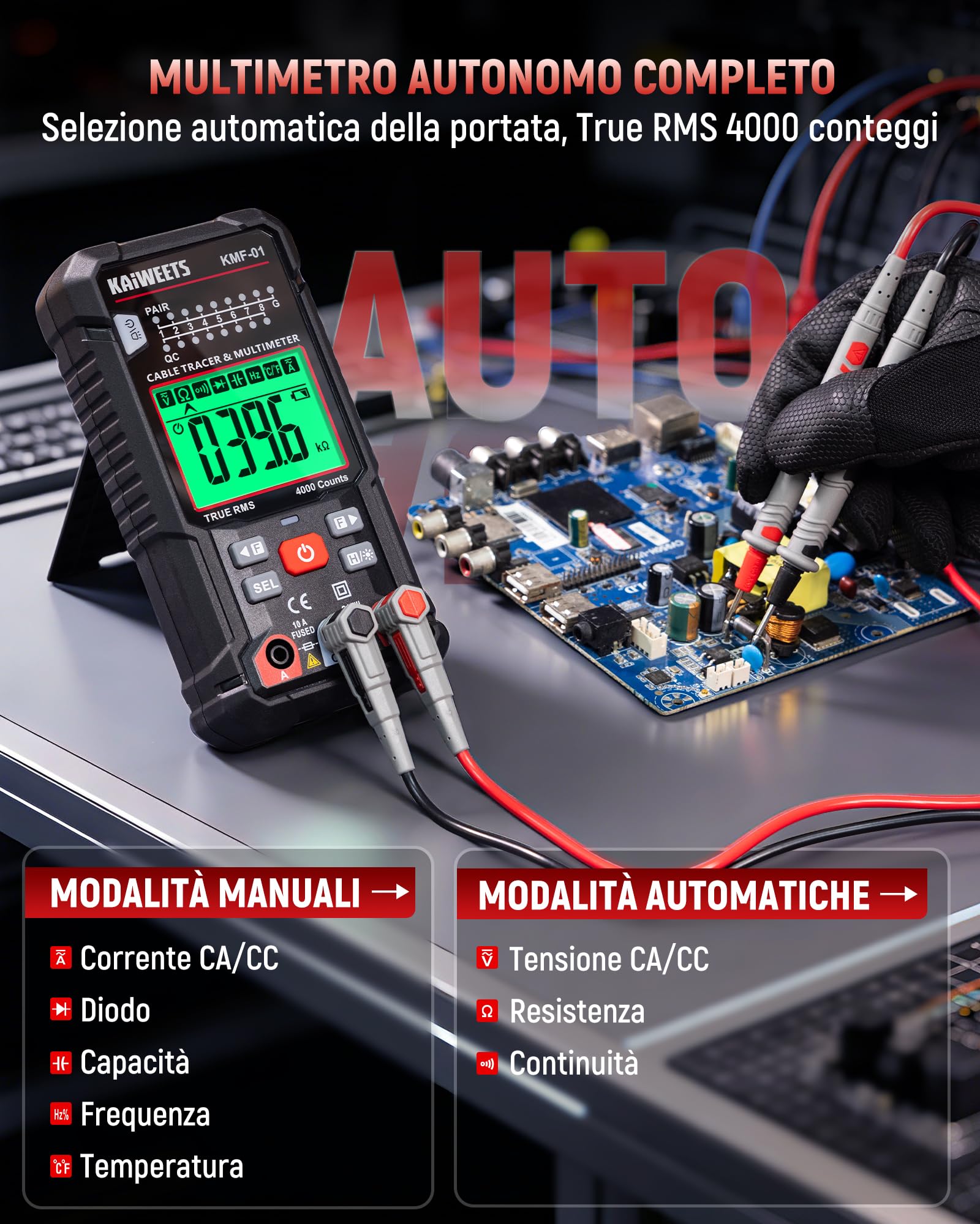 KAIWEETS Multimetro Digitale e Localizzatore di Cavi 3 in 1, Tester a Automatica Della Portata TRMS, Localizzatore di Cavi