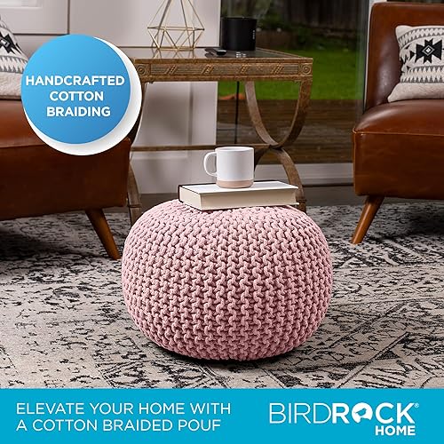 Miniatura 66 de BIRDROCK HOME Puf otomano cuadrado | Taburete de algodón trenzado con relleno de puf | Reposapiés bohemio para sala de estar, dormitorio, asiento