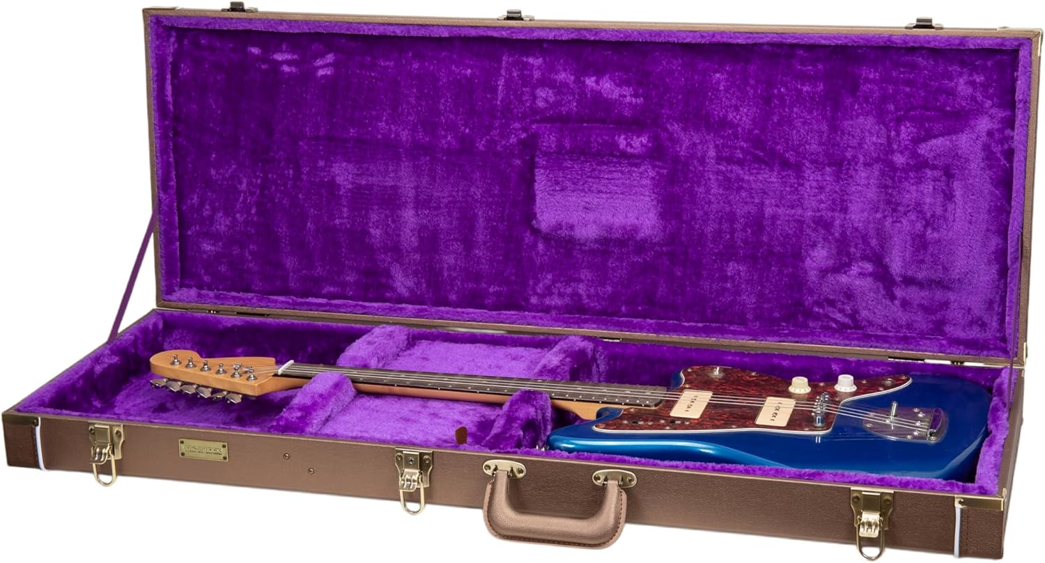 Crossrock Rectangular Wooden Electric Guitar Case for Jazzmaster & Jaguar | Chocolate Brown Finish, Purple Velvet Interior, Lock – Designer Series(CRW520JMCB)