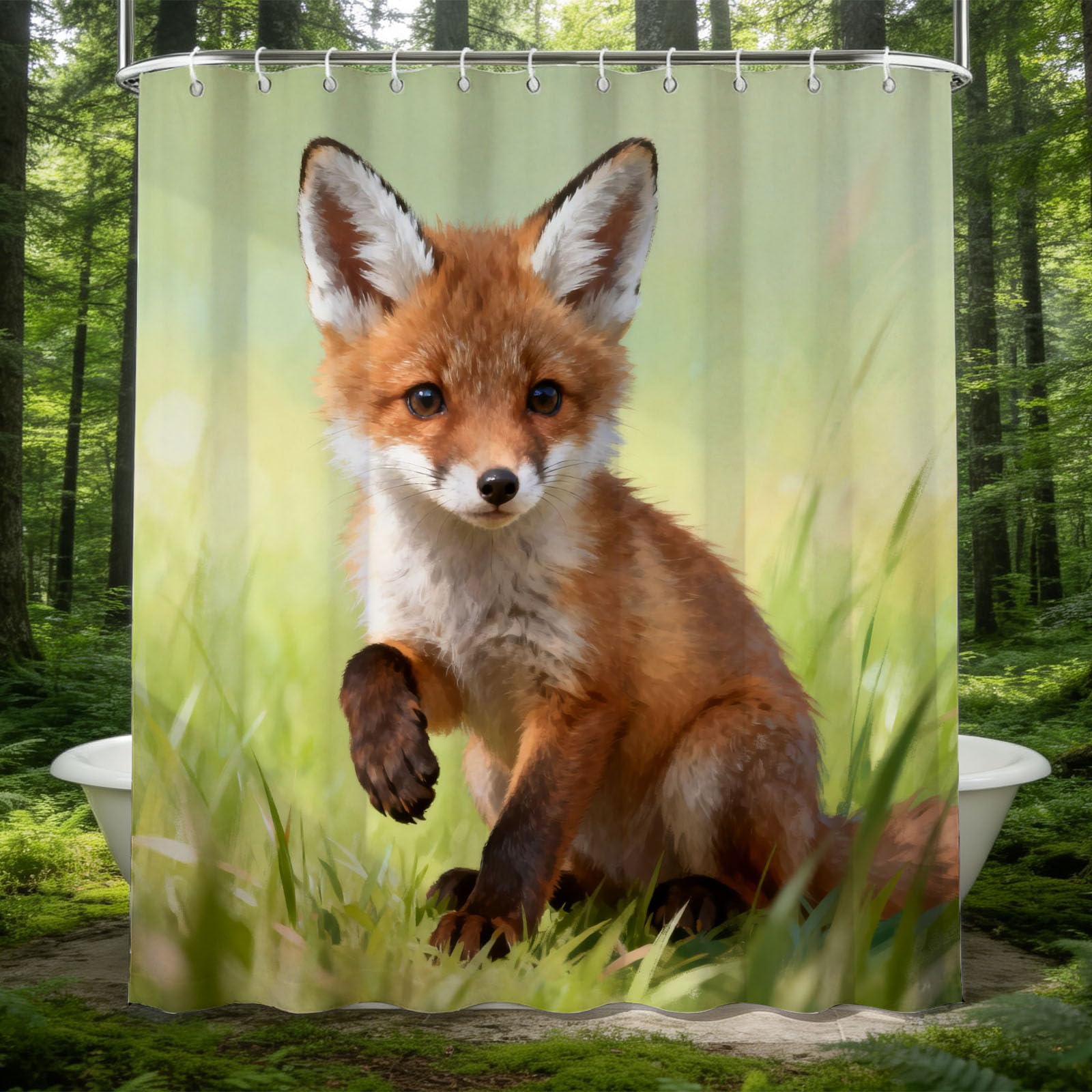Hongduo 3D Fox Cub Shower Curtain for Stalls Bathtubs Nature Scene Bathroom Decor Shower Curtain Set Polyester Fabric Waterproof 180x200cm/71X79 Inch with Hooks