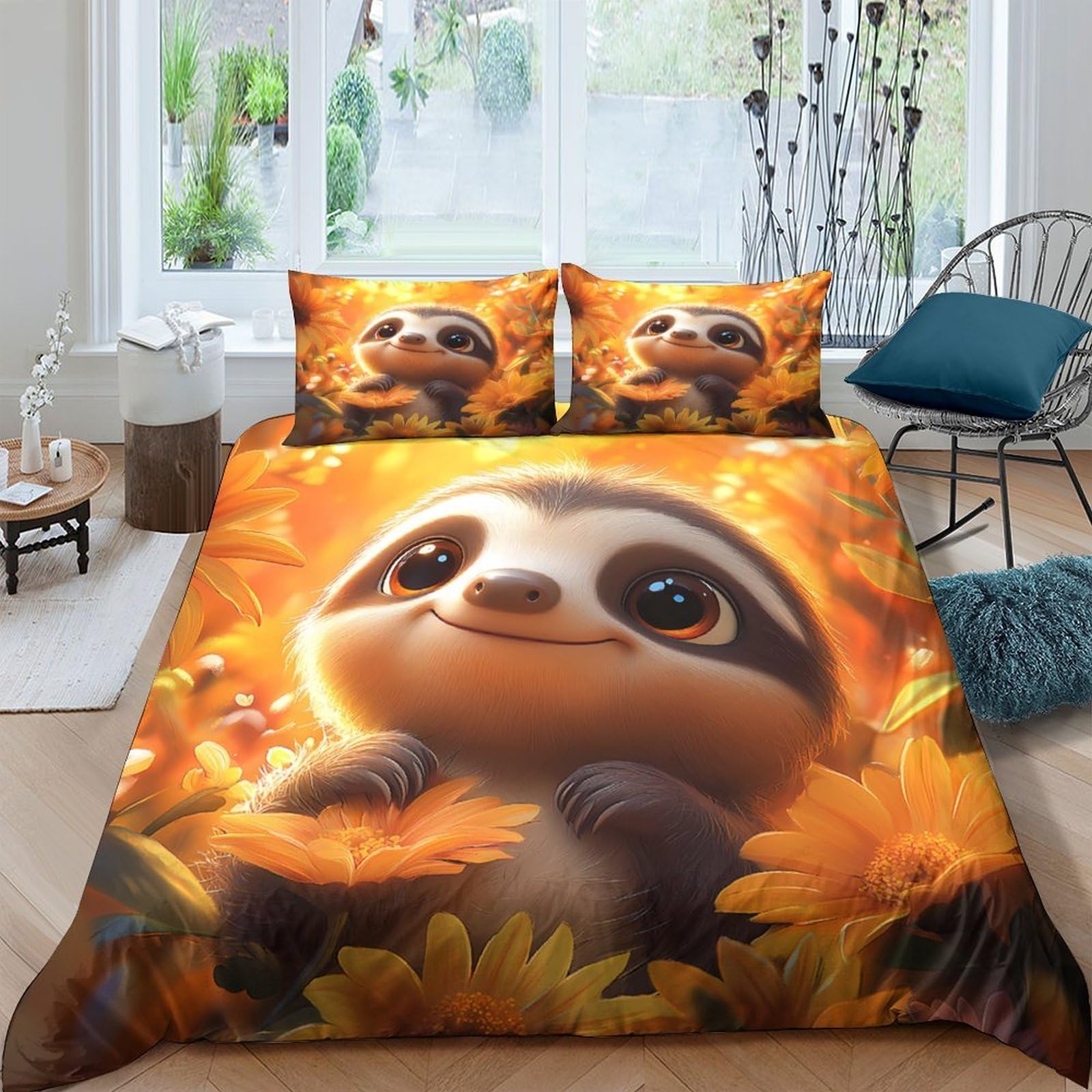 Ctjqhvkz Style-10 3D Printed Cute Sloth Fitted Sheet Microfiber Orange Autumn Leaves Mattress Cover For Bedroom Guest Room Decor Single（135X200cm）