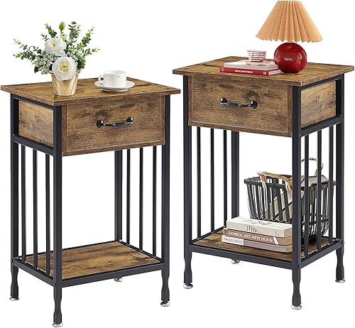 Miniatura 48 de VECELO Mesitas de noche, mesa auxiliar industrial/mesas auxiliares con cajón y estante de almacenamiento, mesitas de noche para dormitorio, sala de