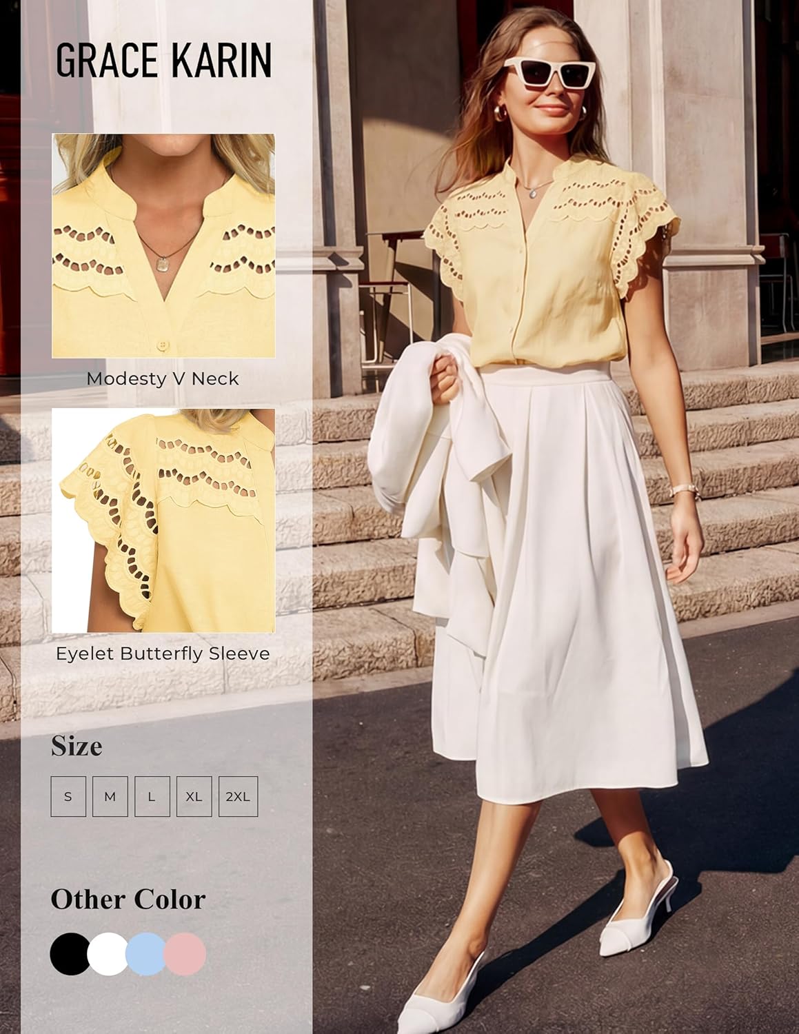 GRACE KARIN Womens Summer Tops Cotton Linen Eyelet Flowy Blouses Beach Vacation V Neck Button Down Shirts Trendy Clothes 2026
