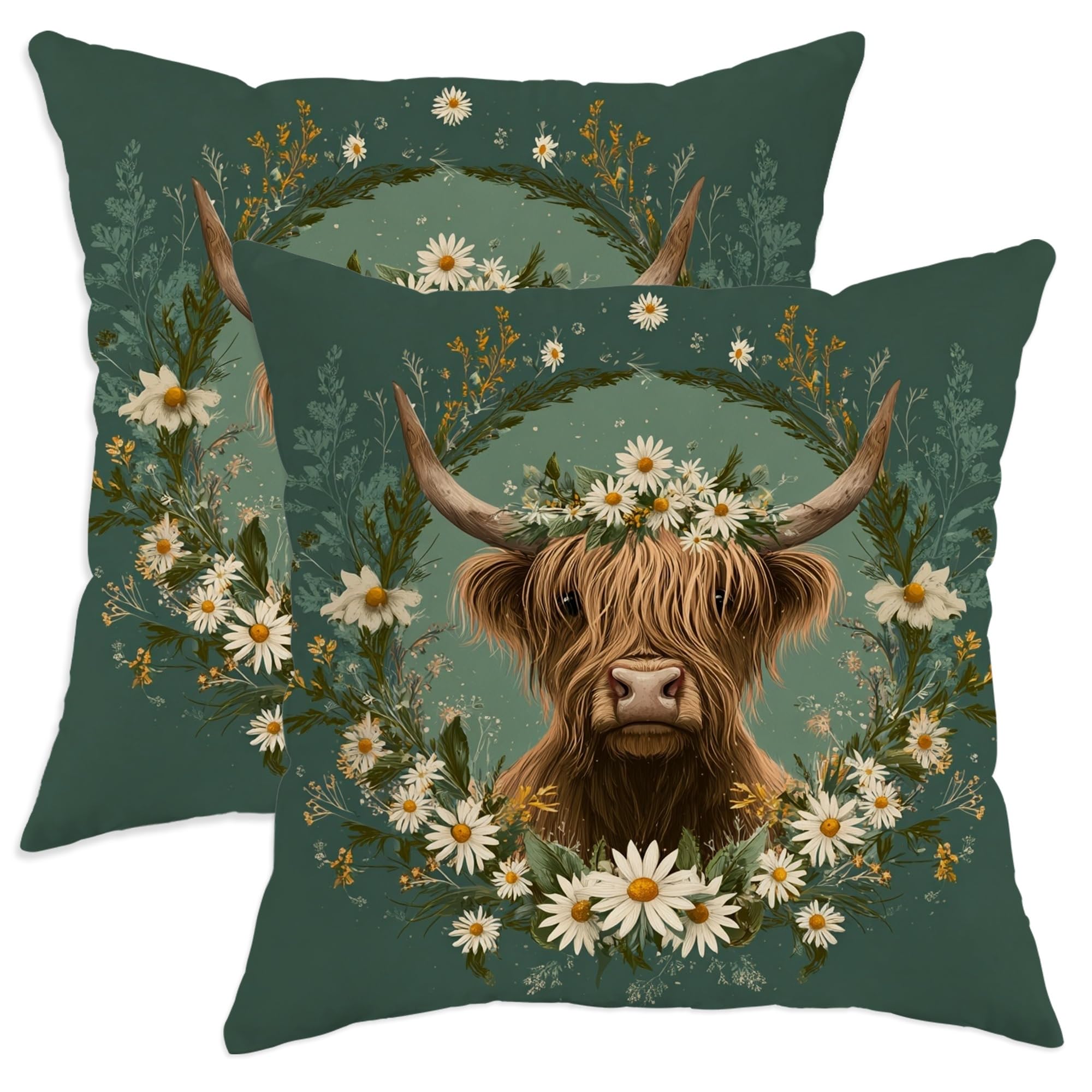 Floral Throw Pillow Covers Set of 2, Dark Green Highland Cow Design Cushion Cases, Spring Farmhouse Decorative Square Covers for Home Sofa Bed Couch 18x18 Inch