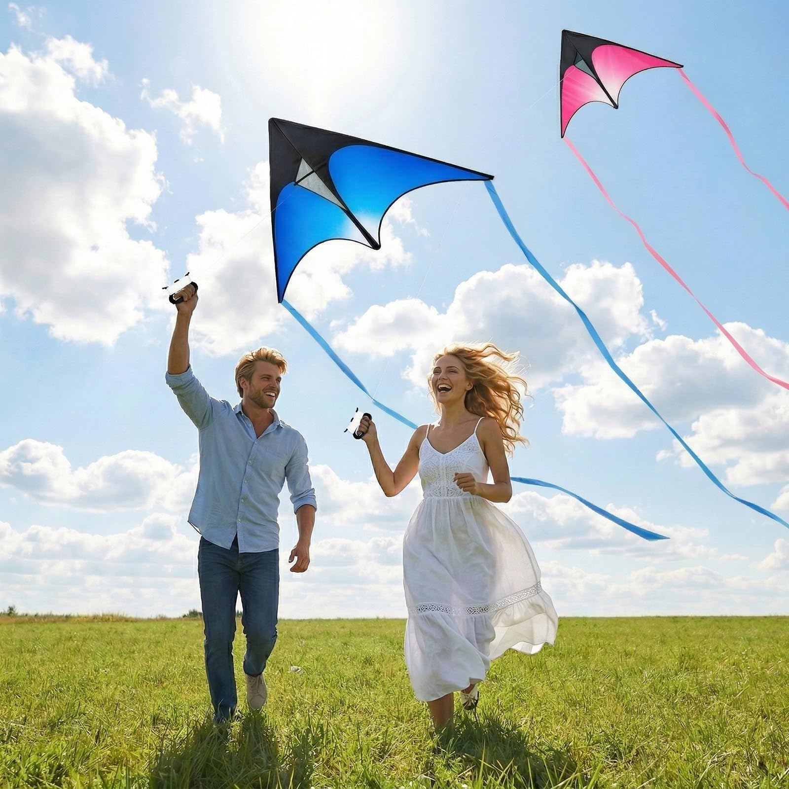 EVERGOODS Delta Kite Set for Kids & Adults Beginner-Friendly Easy-to-Fly Kites for Beach, Park, and Outdoor Family Fun, Outdoor Games & Activities (Blue Pink Green 3PCS)