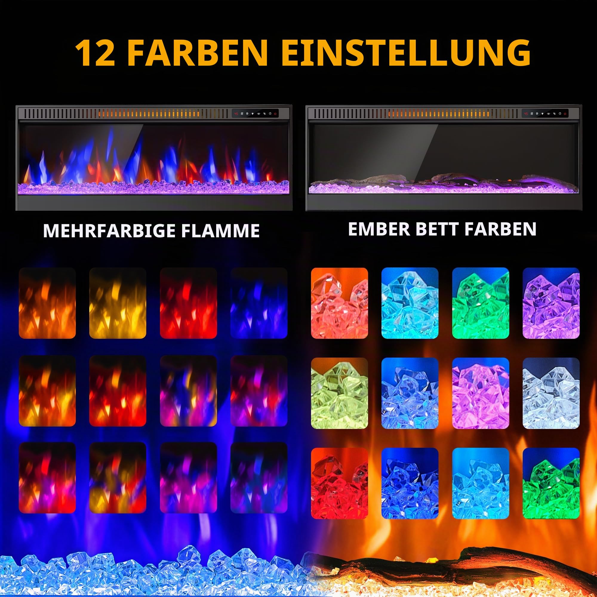 3D Elektrokamin für ganzjährig Gemütlichkeit | Sommer-Deko | 6 Flammenfarben per Fernbedienung 36IN，Nicht erhitzt