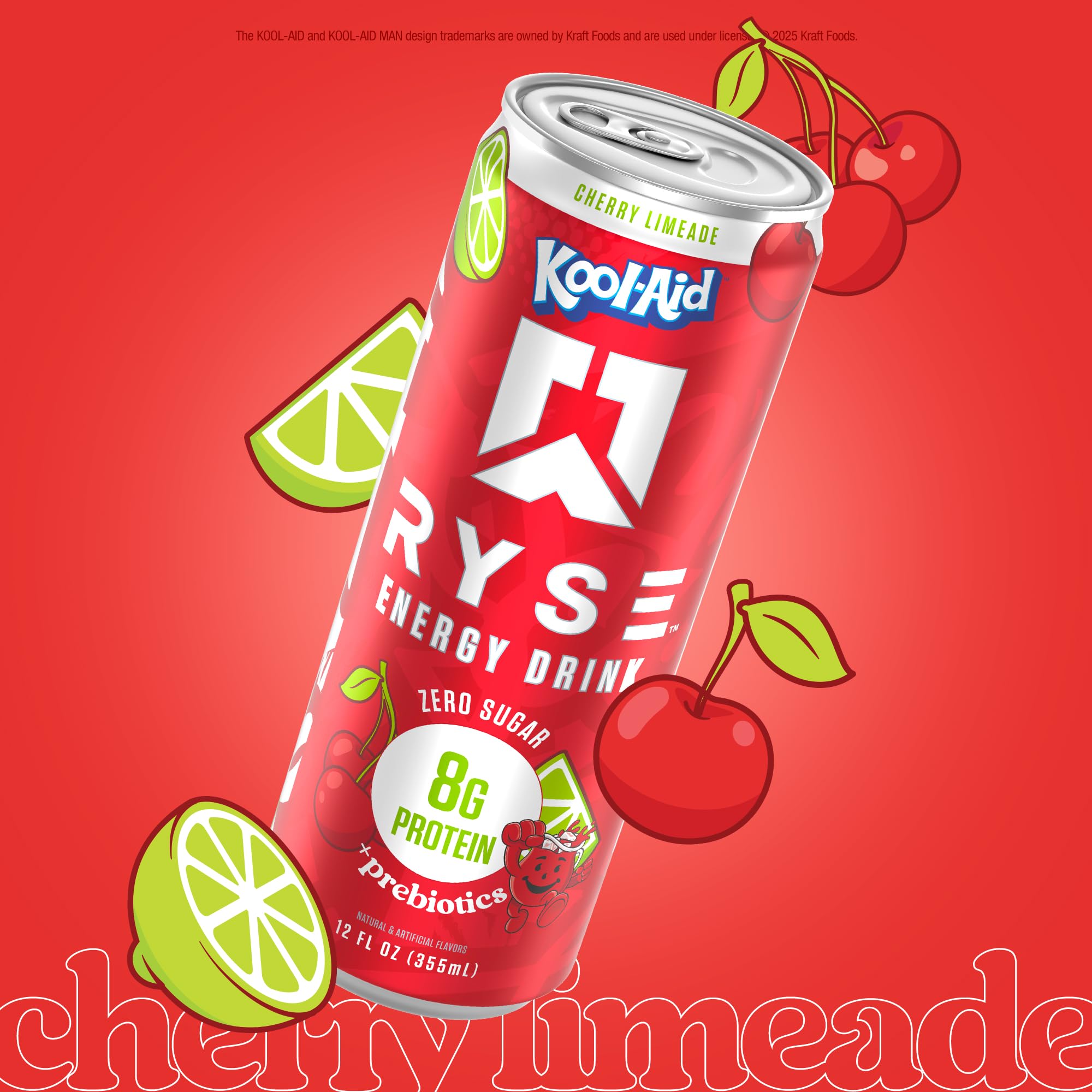 ryse l carnitine Functional Energy Drink - Kool-Aid Cherry Limeade - 150mg Natural Caffeine, 8g Whey Protein & 1g Prebiotics - Sugar Free, Gut-Friendly, Bloat-Free citrulline promotes increased blood flow RYSE Clear Protein Drink -