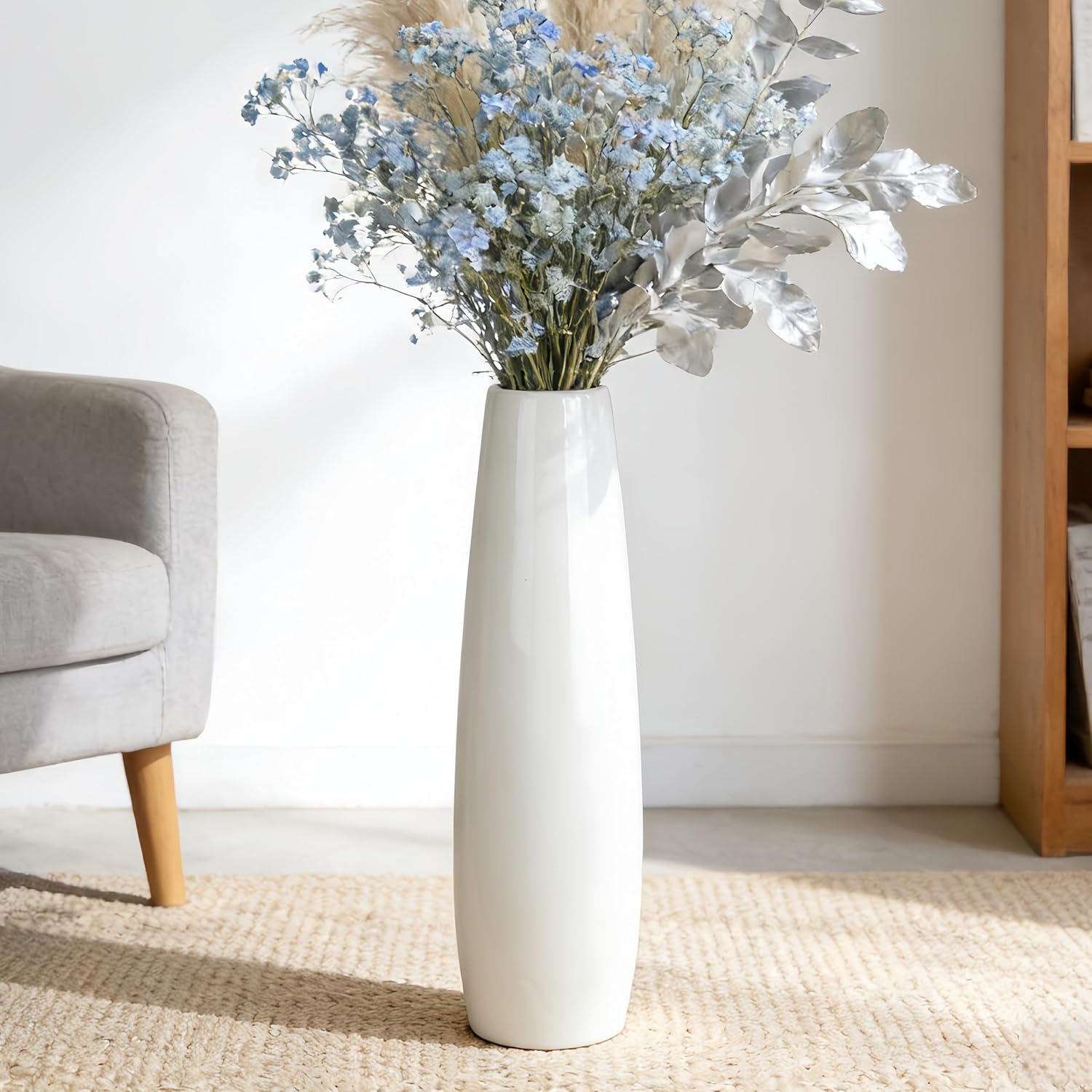 Ceramic White Floor Vase 24 Inches Tall Flower Holder Decorative Large Vases for Table Centerpieces Shelf Home Decor Living Room Branches Sky-Dried Flower Arrangement Simple Decorative