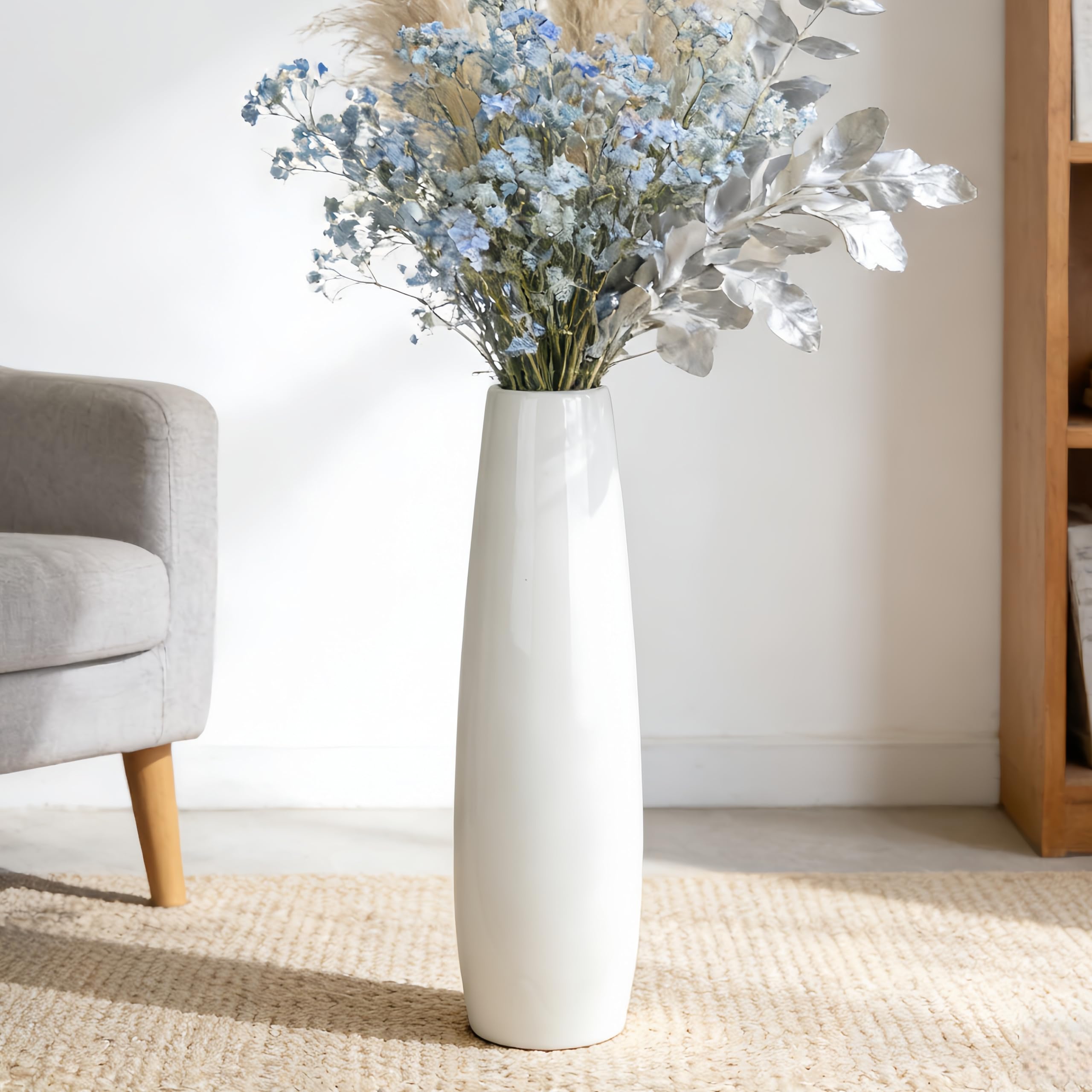 DJYY White Tall Floor Vase, 24"Ceramic Standing Flower Vase， Living Room, Office, Bedroom, Decorative Flower for Wedding Centerpiece，Modern Home Decor