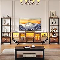 YITAHOME 65 Inch LED TV Stand for Living Room - Modern Farmhouse Entertainment Center with Bookshelves, Power Outlets & LED Lights, Rustic Brown