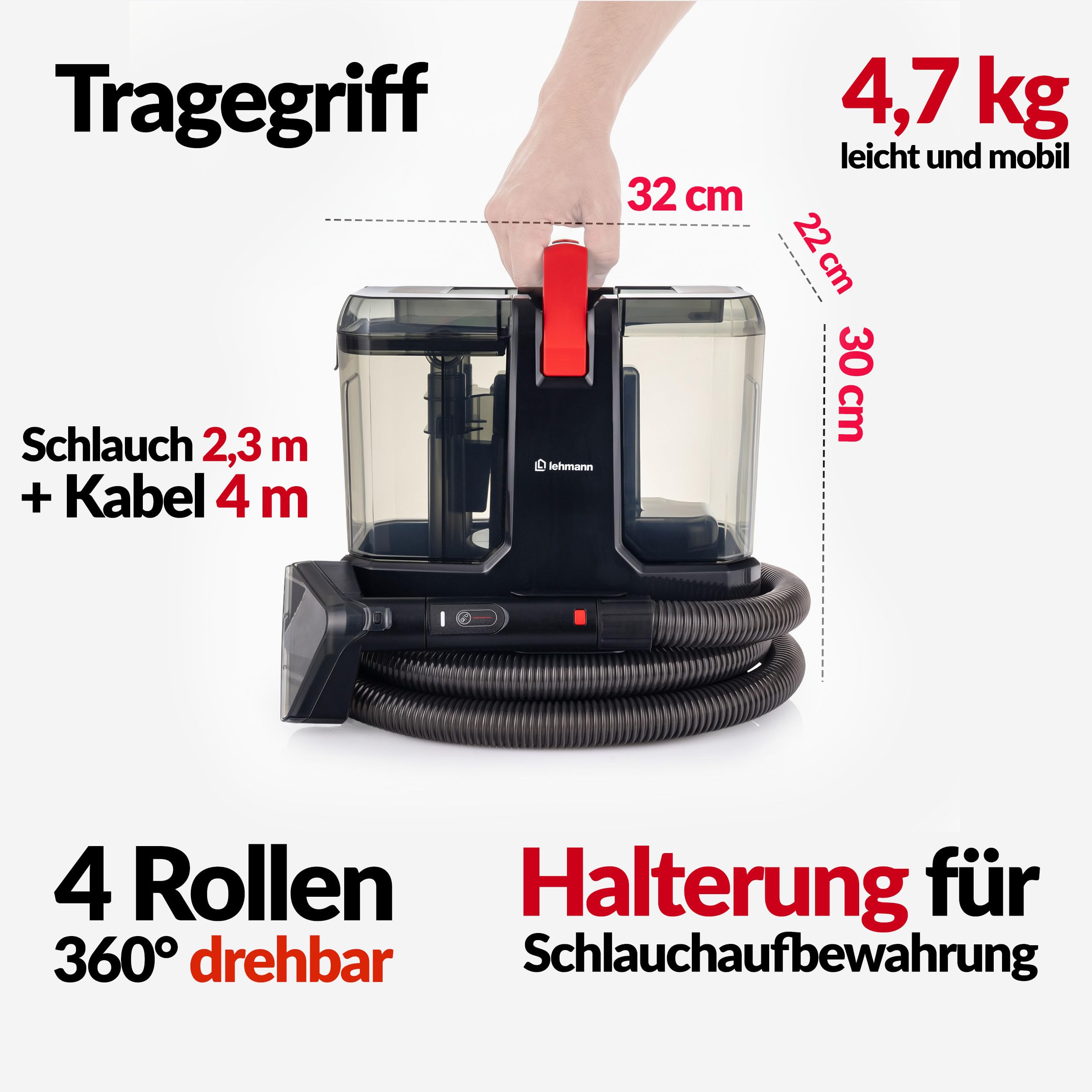 LEHMANN SteamWash 1800 Waschsauger & Dampfreiniger 4in1, Polsterreiniger und Teppichreiniger mit Warmwasser 60°C & Dampf 116°C, 16 kPa Saugkraft, Fleckenreiniger für Sofa, Auto & Haushalt