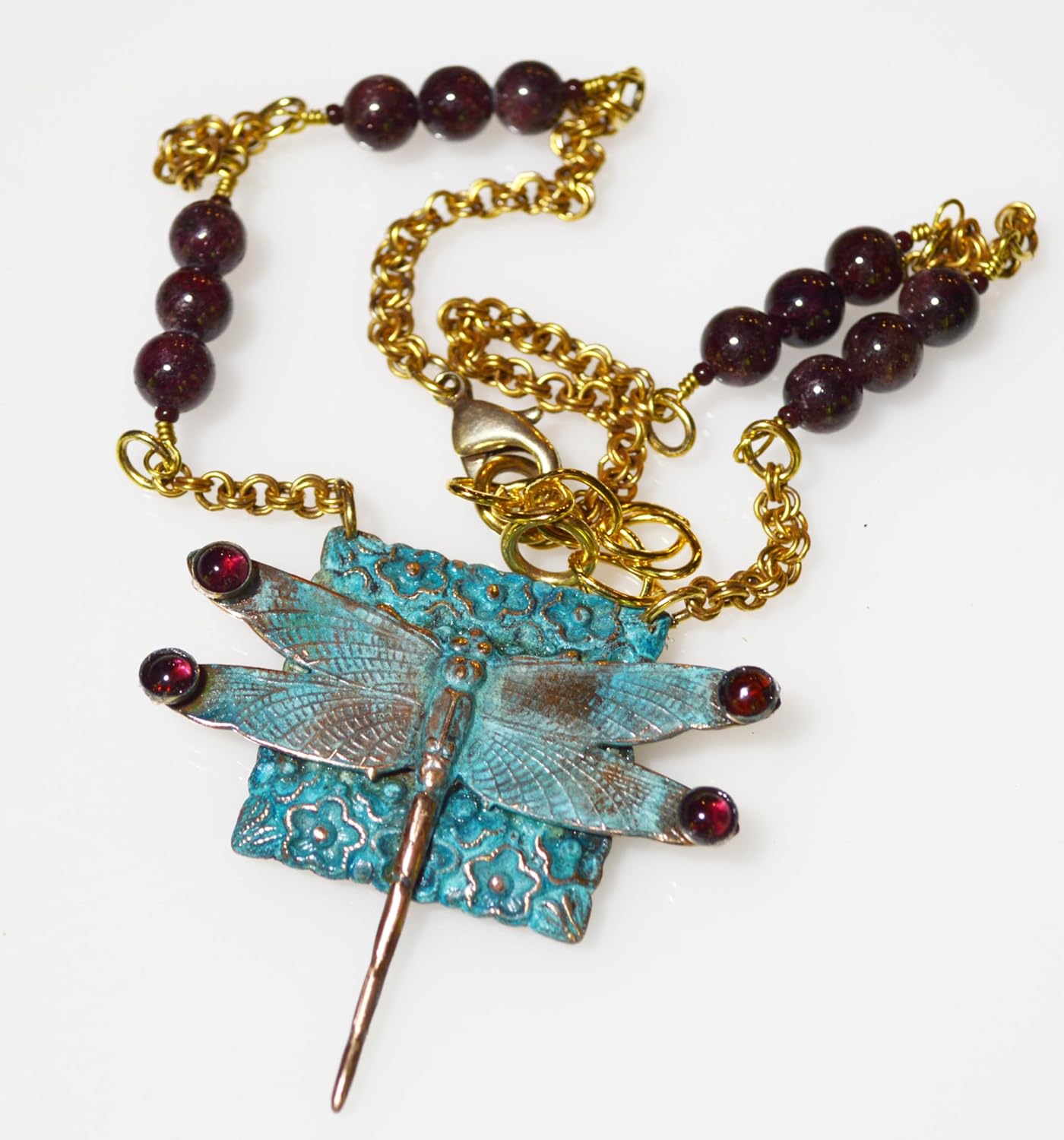 Elaine Coyne Collectible Artwear Verdigris Patina Dragonfly Necklace with Garnet - USA Made - Image 3