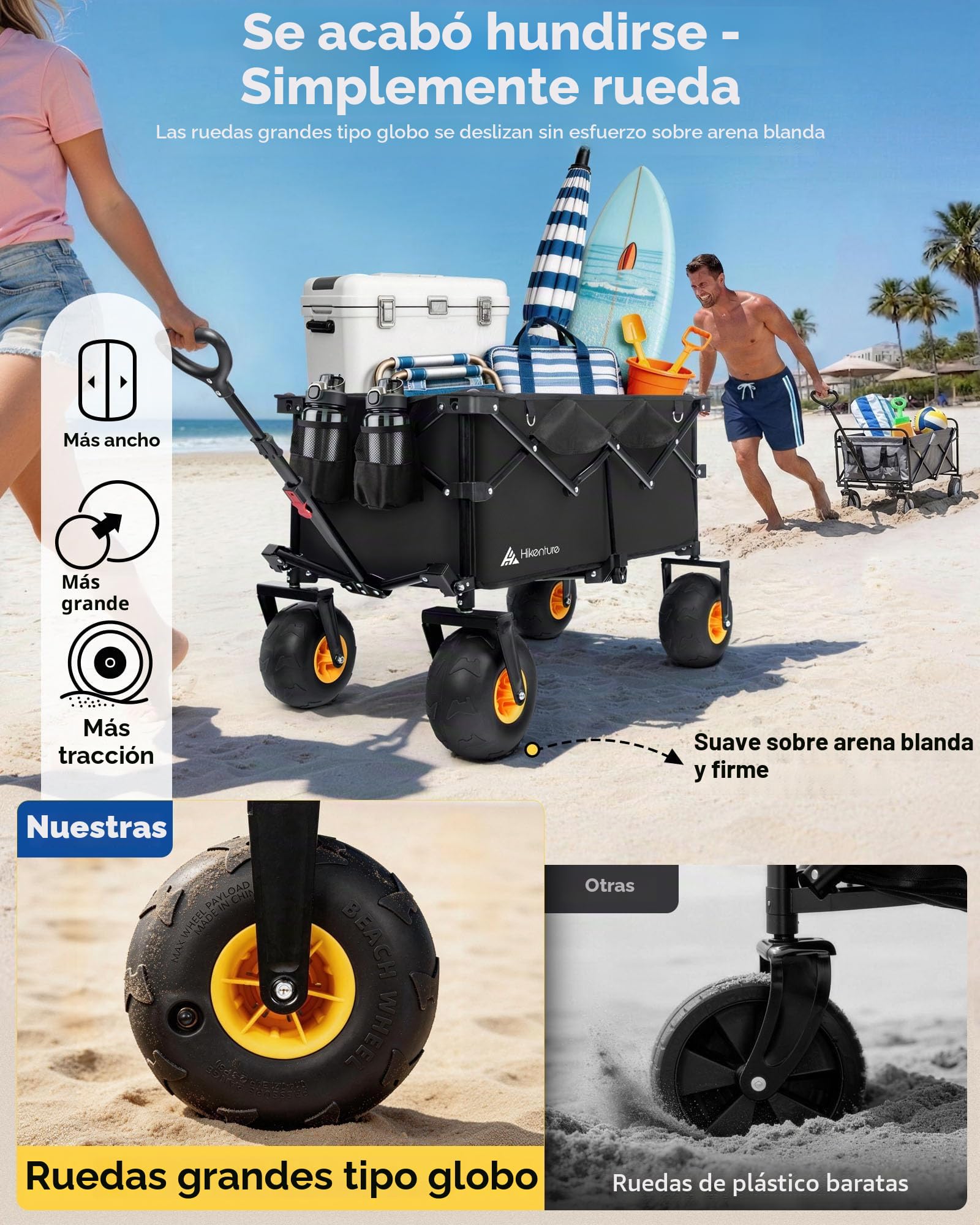 HIKENTURE Carro de playa plegable con neumáticos de aire de 7,5 pulgadas, carro plegable de 135 l con ruedas de playa de 19 x 10 cm, soporta 150 kg, carrito de mano plegable para playa y exterior