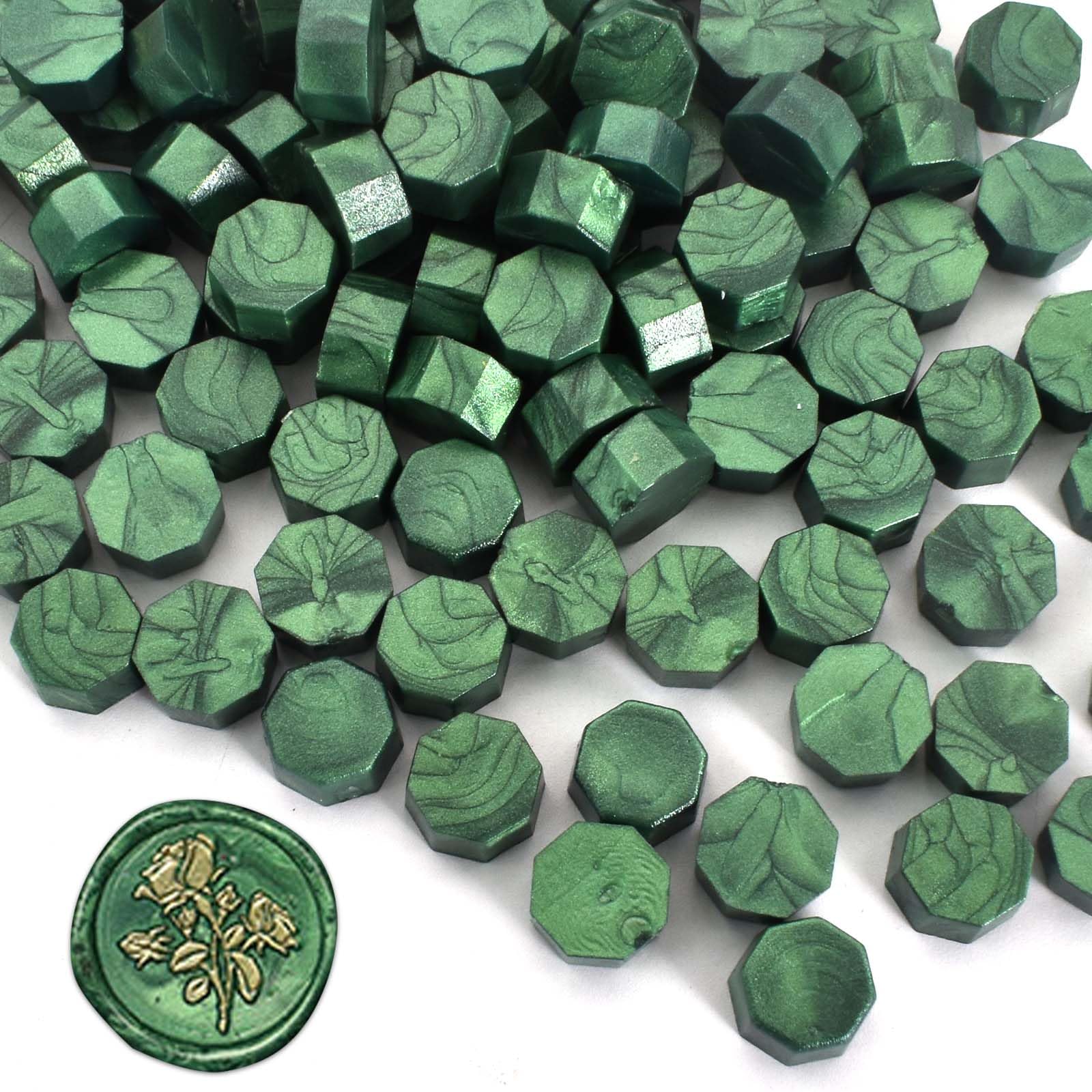 Perles de cire à cacheter octogonales vert métallisé Lot de 100 pour cachets lettres enveloppes décoration