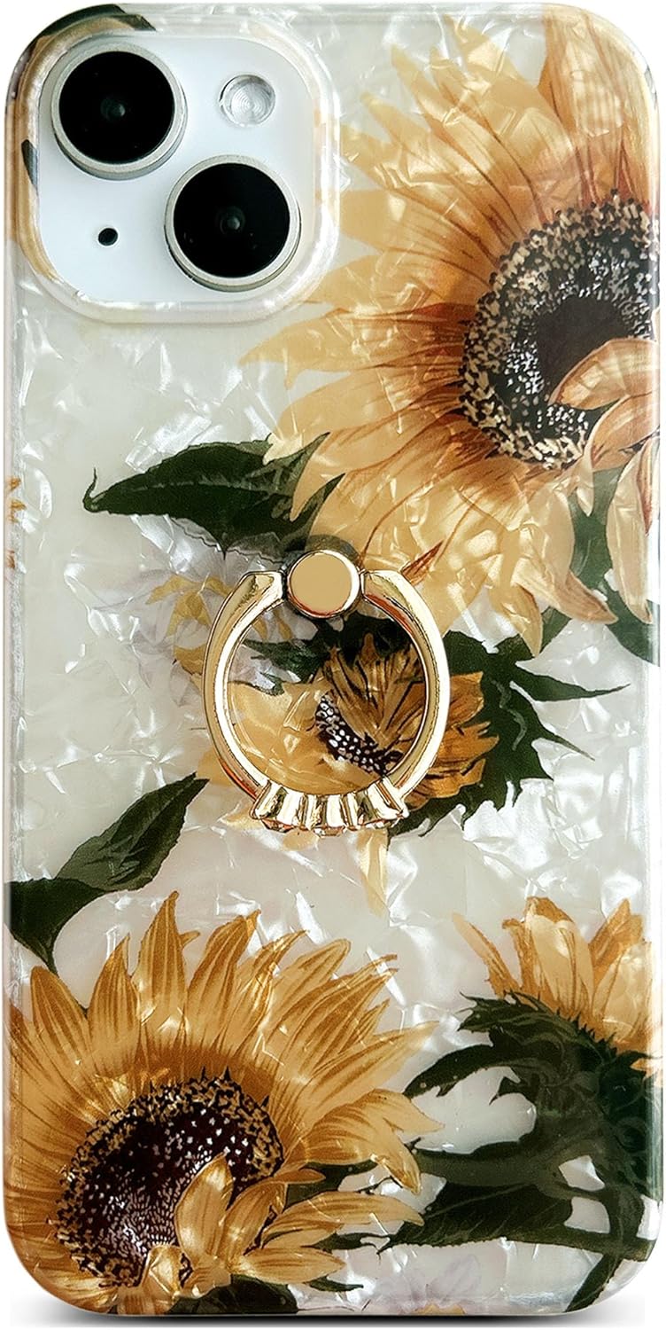 Qokey for iPhone 13/14 Case 6.1 inch,Flower Design Cute Clear for Women Girls with 360 Degree Rotating Ring Kickstand Soft TPU Shockproof Cover Sunflower
