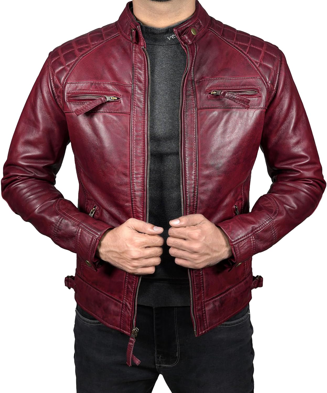 Mens Real Lambskin Leather Jacket - Quilted Style Cafe Racer Leather Motorcycle Jacket for Men