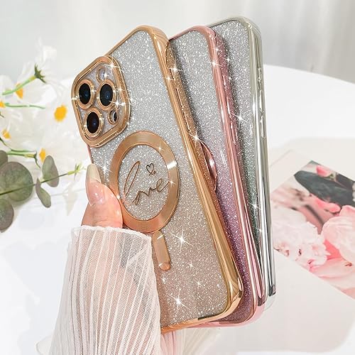 Vista 26 de Fiyart - Funda transparente magnética con purpurina para iPhone 12 para mujeres, con grabado "Love" metálico, protección para cámara y antigolpes