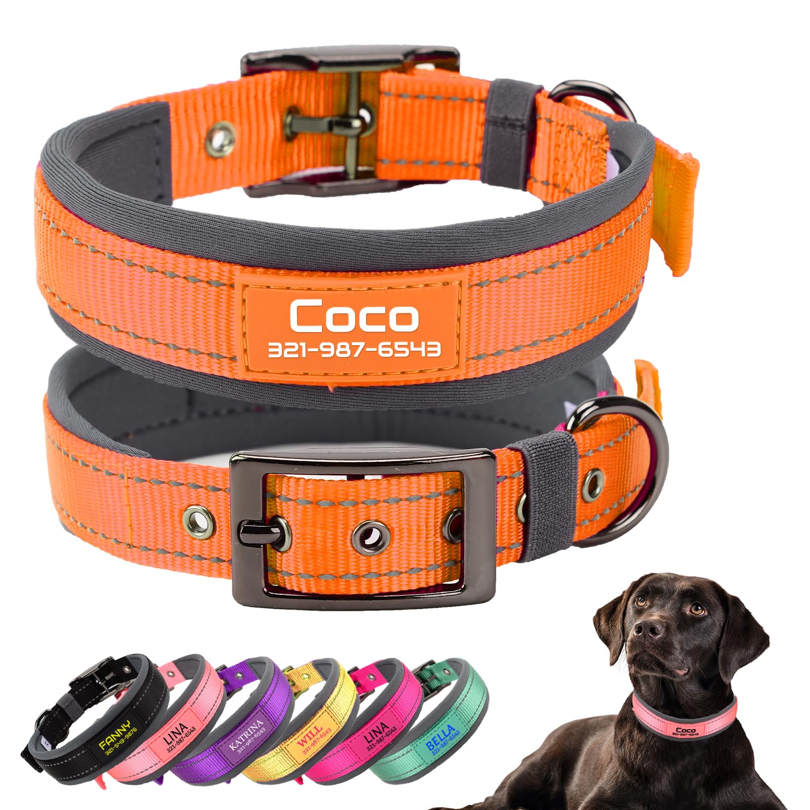 Personalized Dog Collars with Pet Name and Phone Number,Soft Neoprene Padded,Thick Strong Dog Collar,Adjustable Reflective Nylon Collar for Small Medium and Large Dogs,Orange