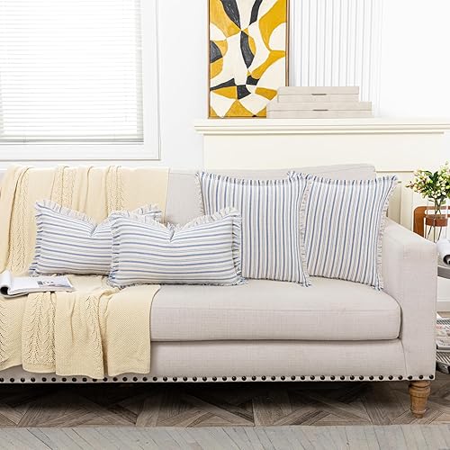 Miniatura 6 de Vfuty Juego de 2 fundas de almohada decorativas de lino y algodón de 18 x 18 pulgadas, funda de almohada de rayas azules con flecos, funda de cojín