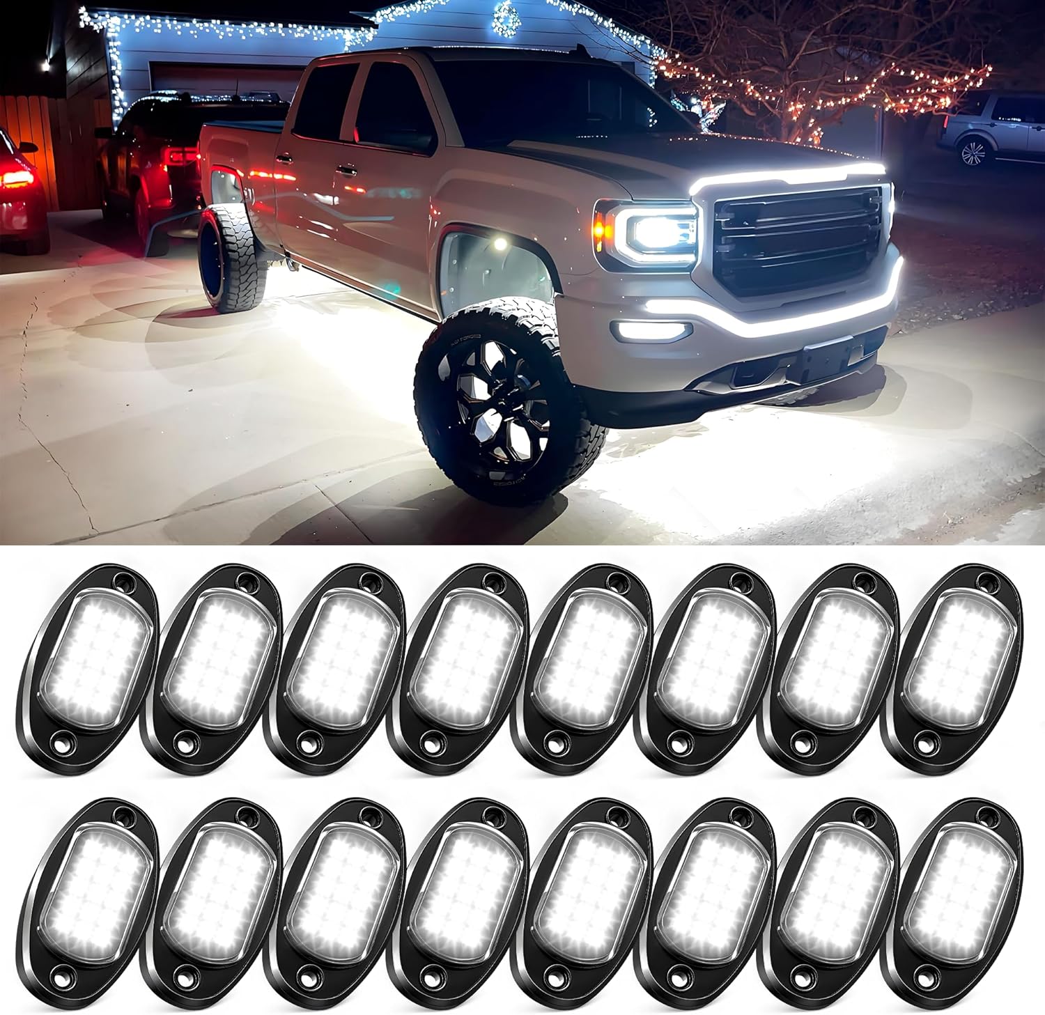 MICTUNING 2026 Upgraded White Rock Lights Super Bright Underglow Lighting Kit - 240 LEDs 16 Pods Pure White Led Rock Light, Extensible Underbody Lights for Trucks ATV UTV Boat