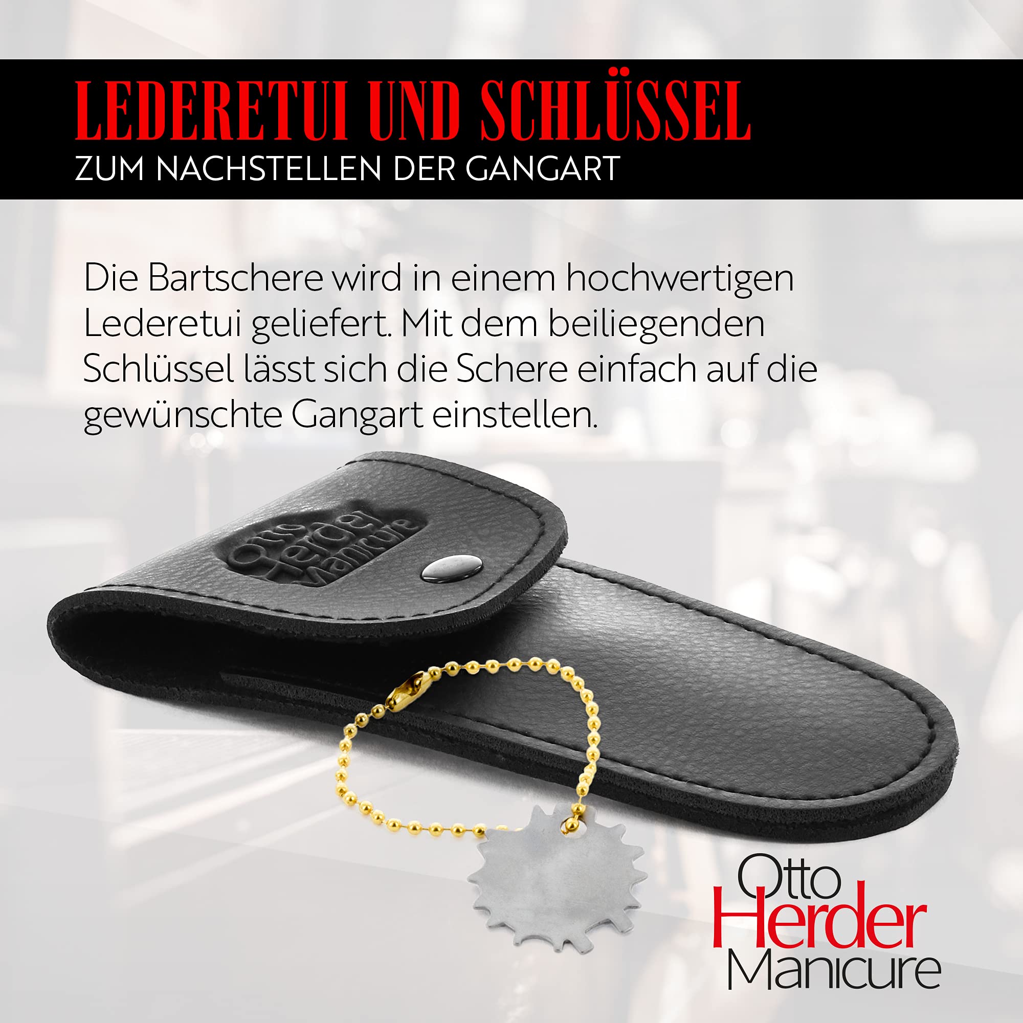 OTTO HERDER nożyce do brody dla mężczyzn 13 cm w skórzanym etui z matowej stali nierdzewnej z jednostronnym mikrouzębieniem i samoczynnie odkręcanym kluczem/nożyczki do brody do cięcia brody