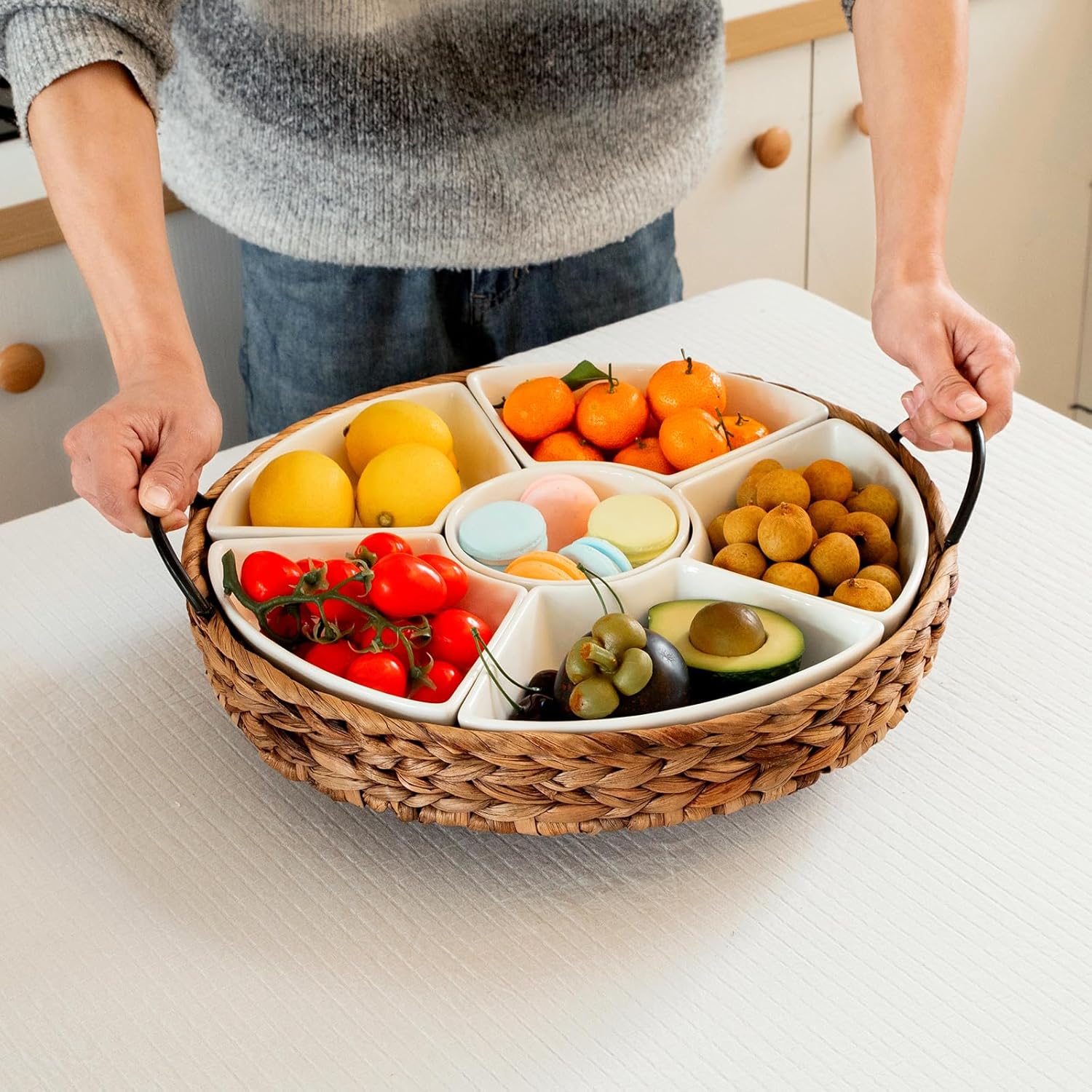 Serving Tray and Serving Dishes, RANDEFURN 7-Set Gold Platters for Parties,15.5 x 15.5 inches, Divided Serving Trays & Platters, Portable Handle,Gold - Image 7