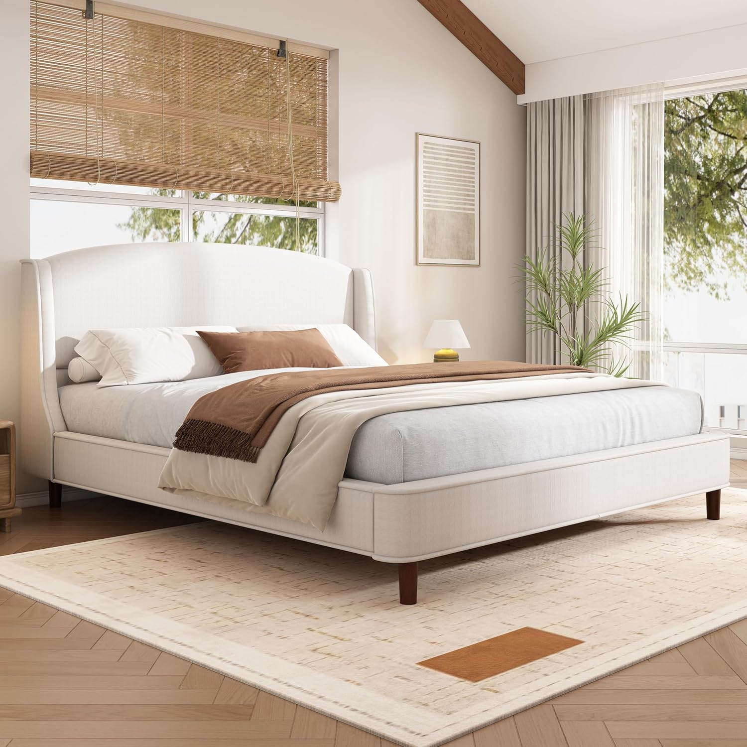 Cordo 44.50" H King Size Bed Set, Upholstered Platform Bed with Wingback Headboard, Solid Wooden Slats Panel Support, No Box Spring Needed, Easy Assembly, Beige 81.00"W x 87.20"D x 44.50"H