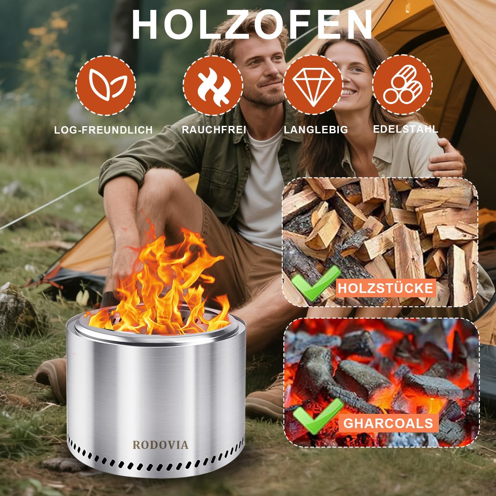 Brasero sans fumée de 50 cm avec sac de rangement, durable et portable, foyer de camping pour feu à bois, bac à cendres amovible, foyer portable pour terrasse, jardin