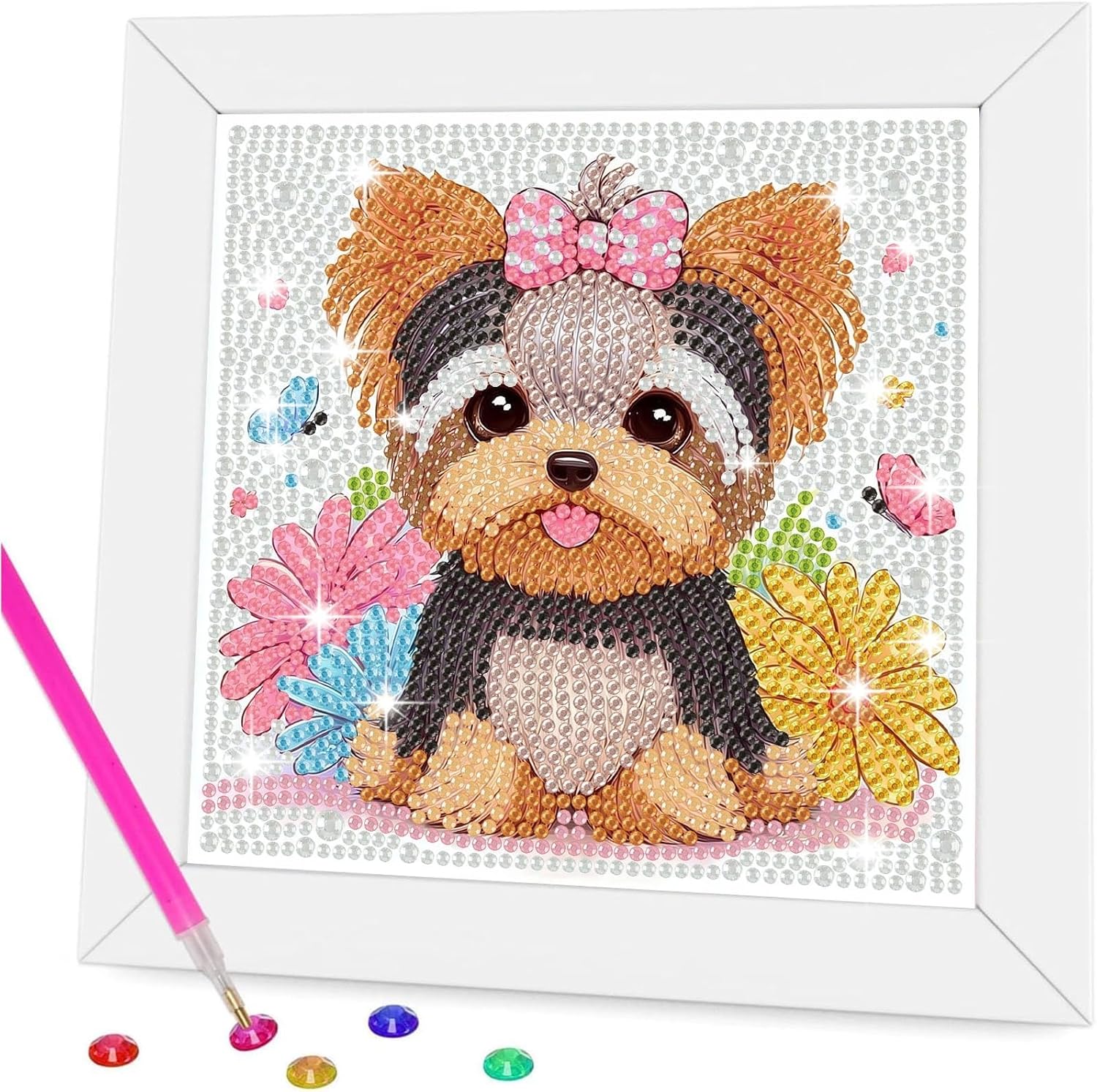 Gemozaic Dog Diamond Art Kits for Kids with Frame, Cute Yorkshire Diamond Art for Kids Ages 8-12 for Gift Home Wall Decor (7x7inch)