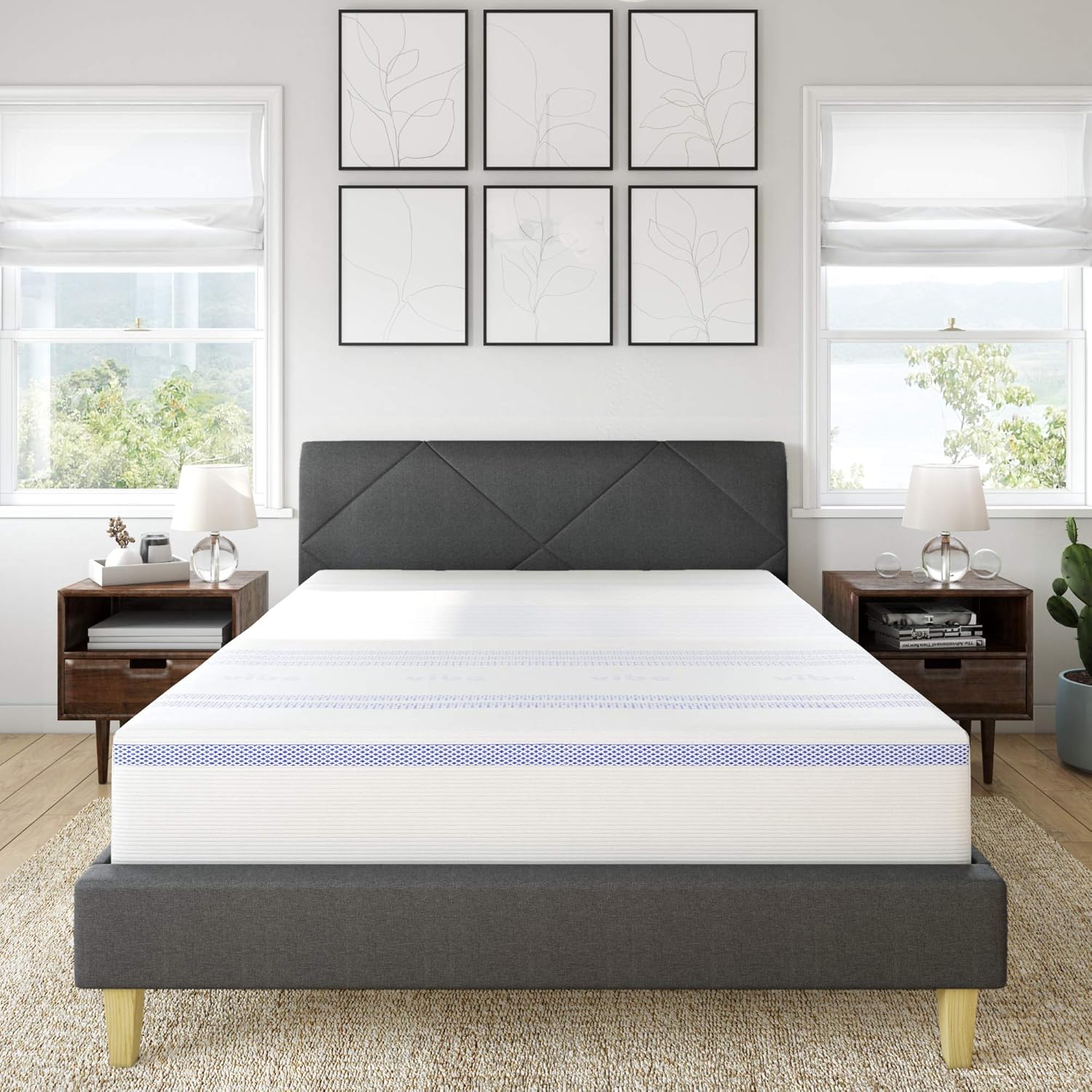 Vibe 12-Inch Gel Memory Foam Mattress with Grey Upholstered Bed Frame with Built-in Headboard, Full