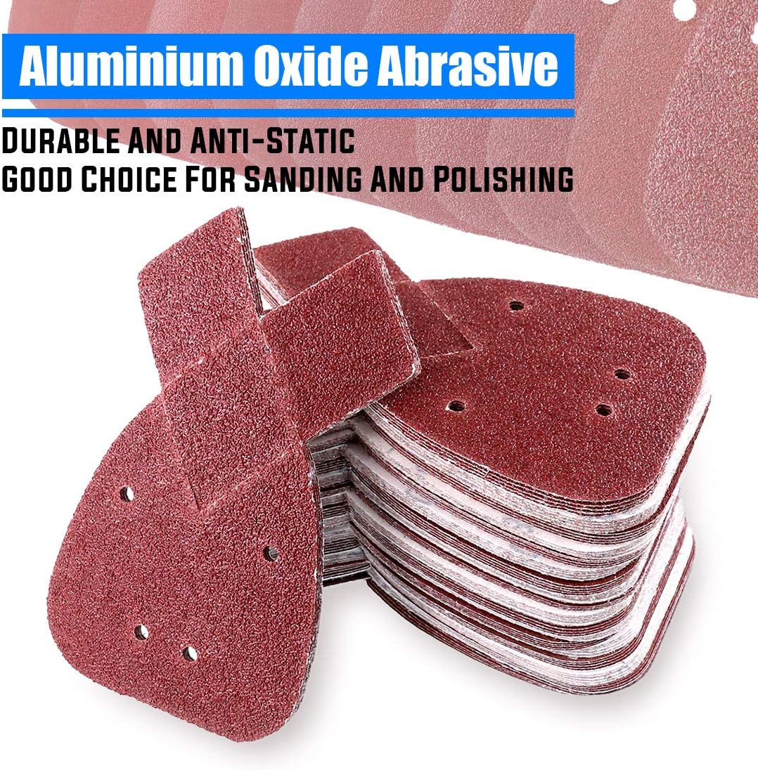 Glarks 100Pcs Triangle Mouse Detail Sander Sandpaper Sanding Paper With 2 Extra Tips Hook and Loop Assorted 40/60/ 80/100/ 120/180/ 240/320/ 400/800 Grits for Black and Decker Detail Palm Sander - - 