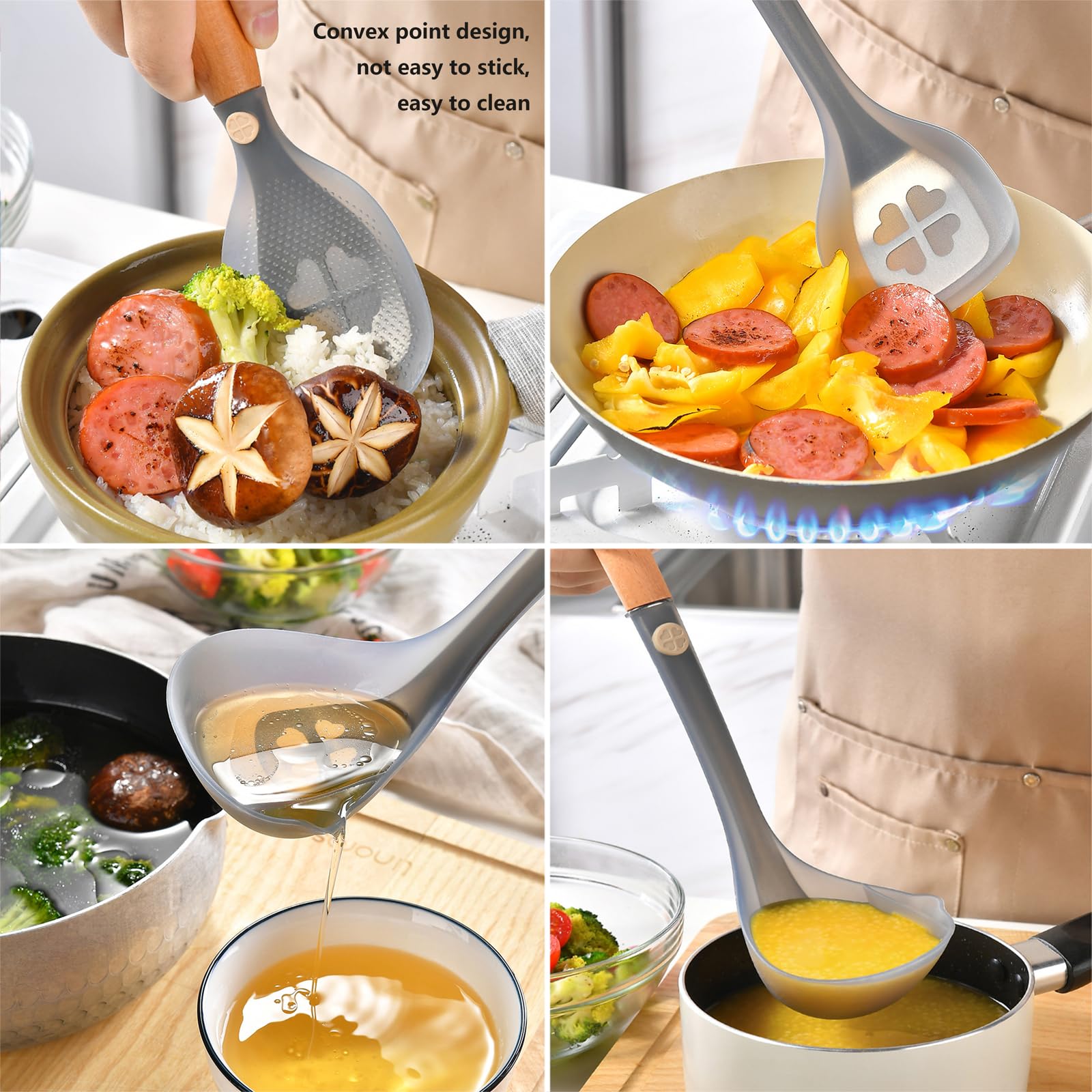 Ensemble d'ustensiles de cuisine en silicone, 3 ustensiles de cuisine antiadhésifs avec poignées en bois, résistant à la chaleur, passe au lave-vaisselle, spatule, cuillère à soupe, cuillère à riz