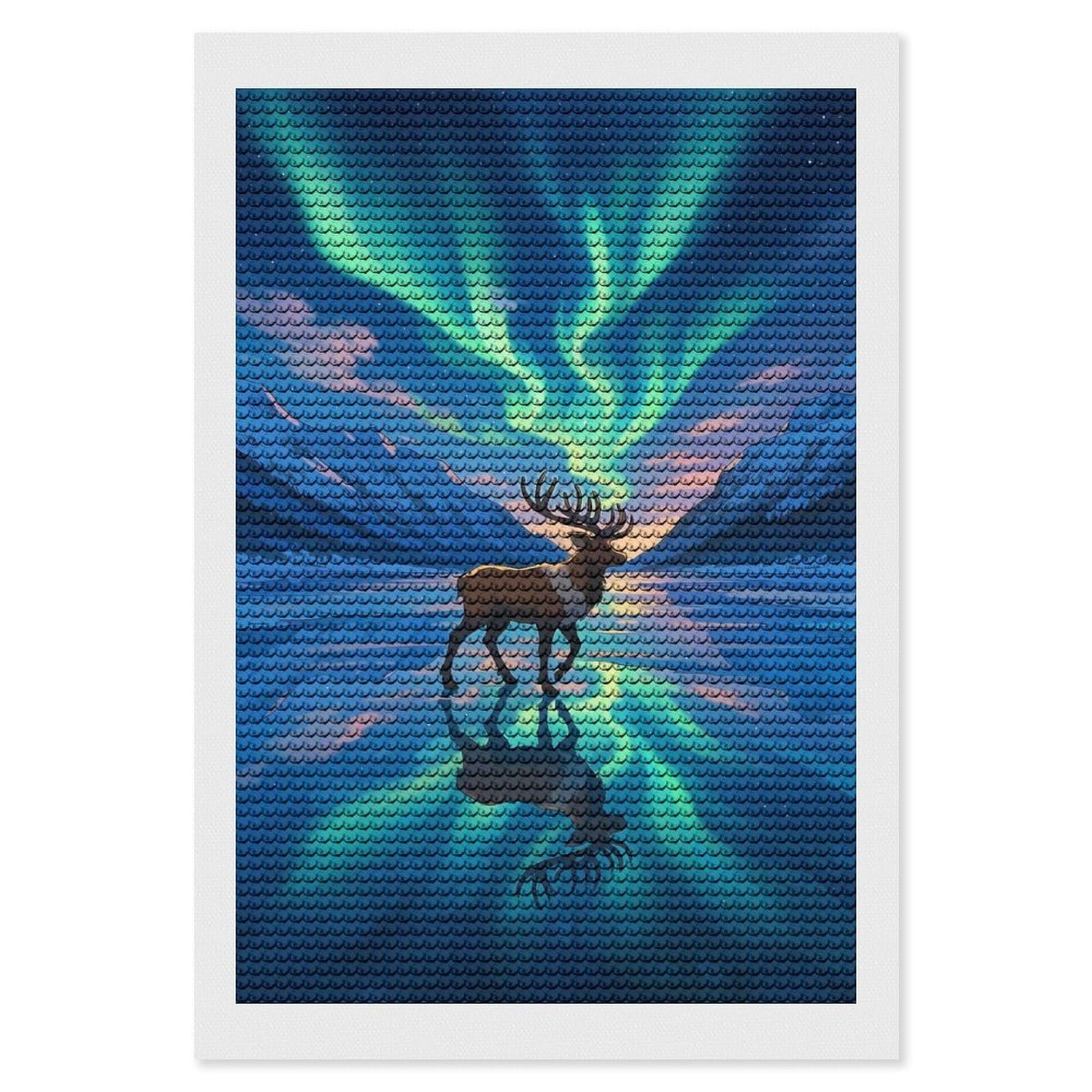 Junmoney Reindeer Under Aurora Borealis DIY Diamond Art Canvas Kit 8"x12", Complete Accessories, Creative Leisure Activity, Home Wall Decor, Gift Idea