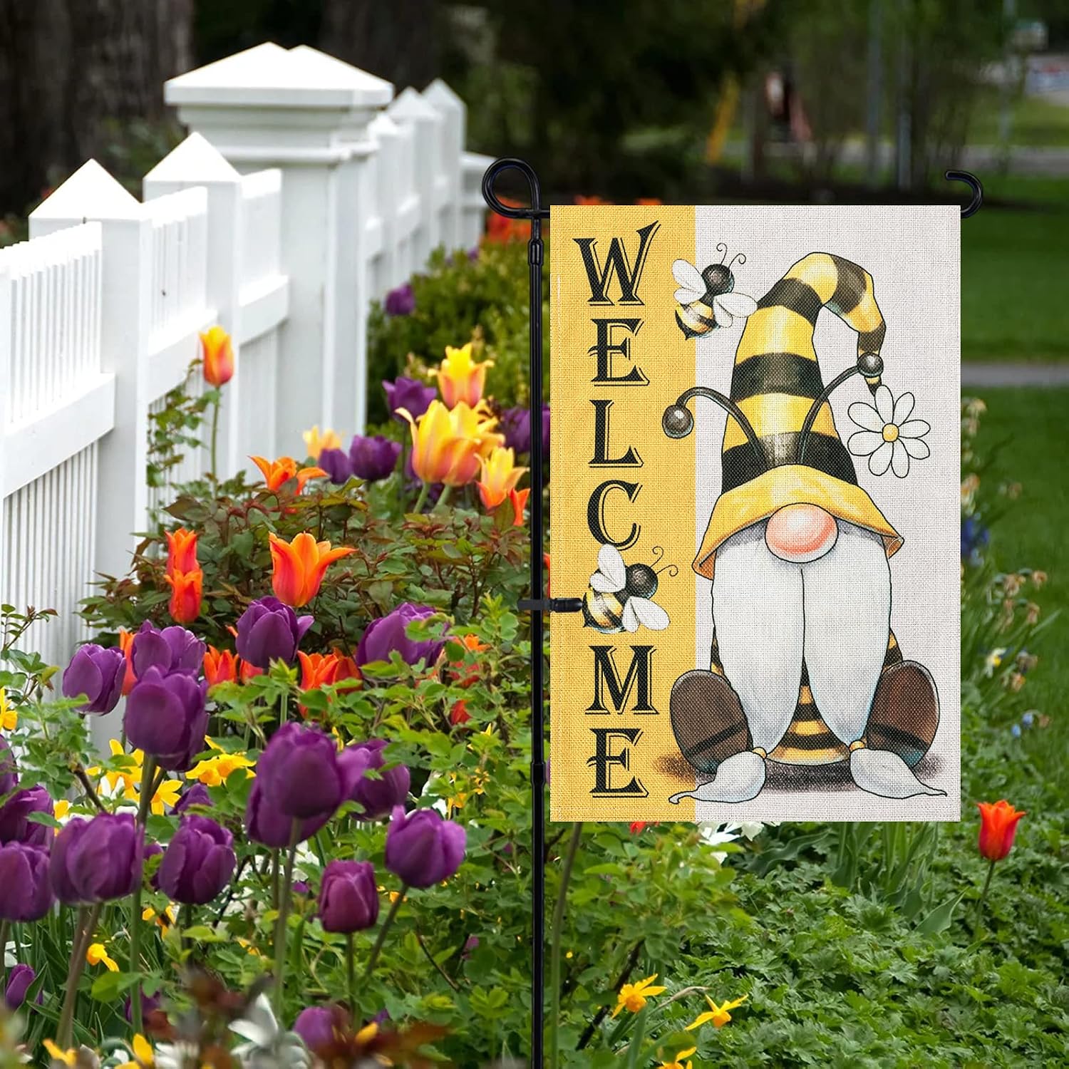 ESTTOP Spring Garden Flag, Gnomes with Bees Burlap Spring Decorations, Double Sided Welcome Spring Decor, Outdoor Indoor Yard Flag 12.5x18 Inch