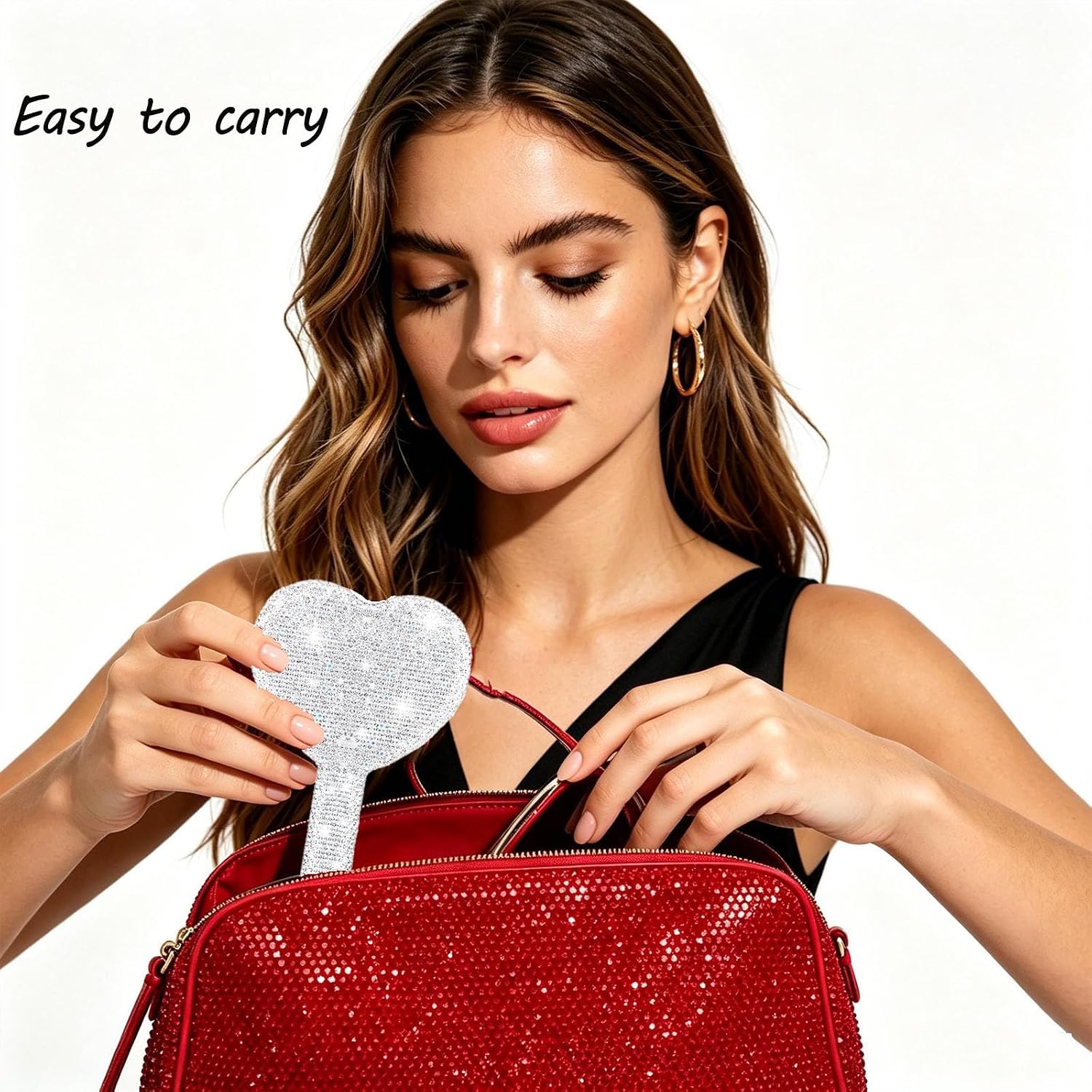 Large Rhinestone Handheld Mirror Heart Bling Glitter Cosmetic Dazzling Portable Hand Mirrors with Handle for Women Wedding Silver White